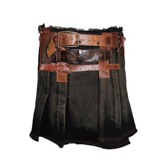 Vintage Washed Denim Wrap Skirt with Genuine Leather Belt
