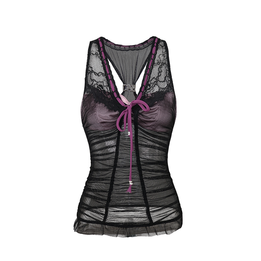 Pink & Black Contrast Lace Mesh Layered Ruffle Cami Top