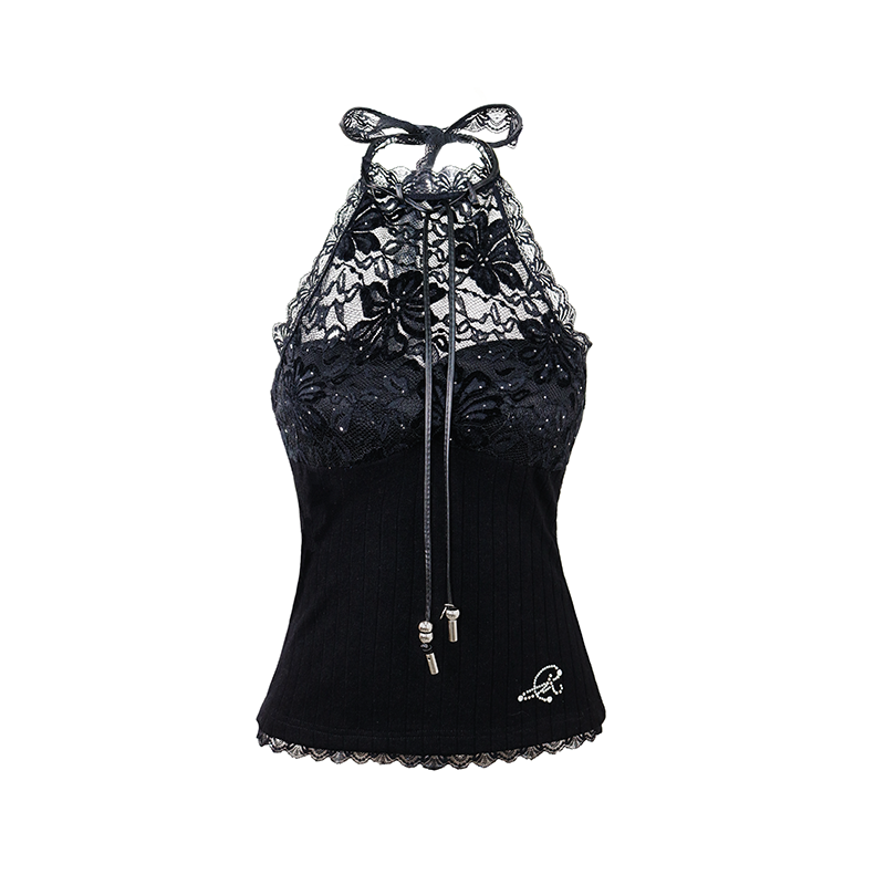 Soft Sexy Knit Lace Halter Top with Hot-Fix Rhinestones