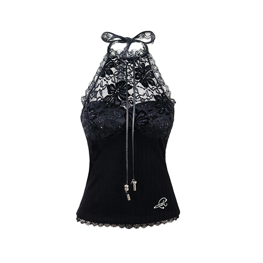 Soft Sexy Knit Lace Halter Top with Hot-Fix Rhinestones