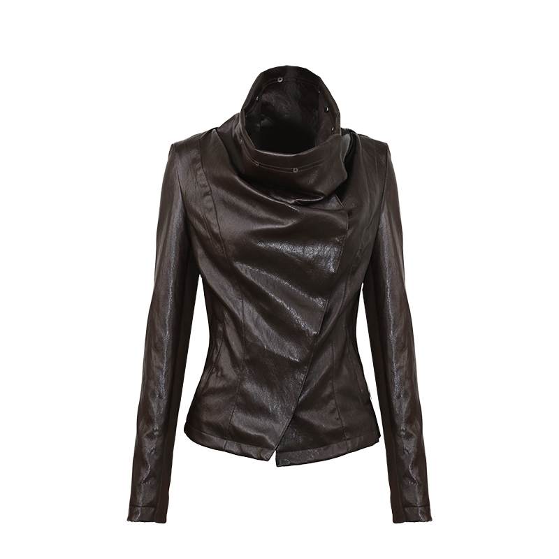 Espresso Convertible Leather Jacket with Drape Neck