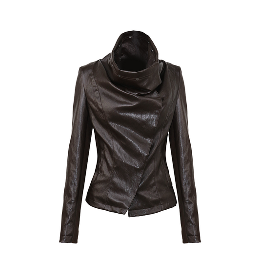 Espresso Convertible Leather Jacket with Drape Neck