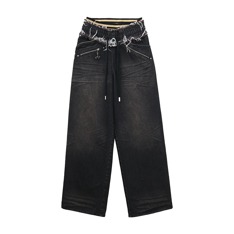 Distressed Denim Jeggings with Ribbed Paneling and Elastic Waist