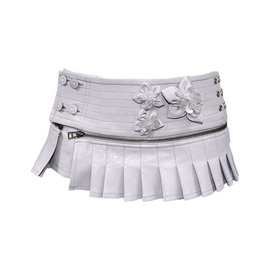 Floral Detachable Pleated Leather Skort