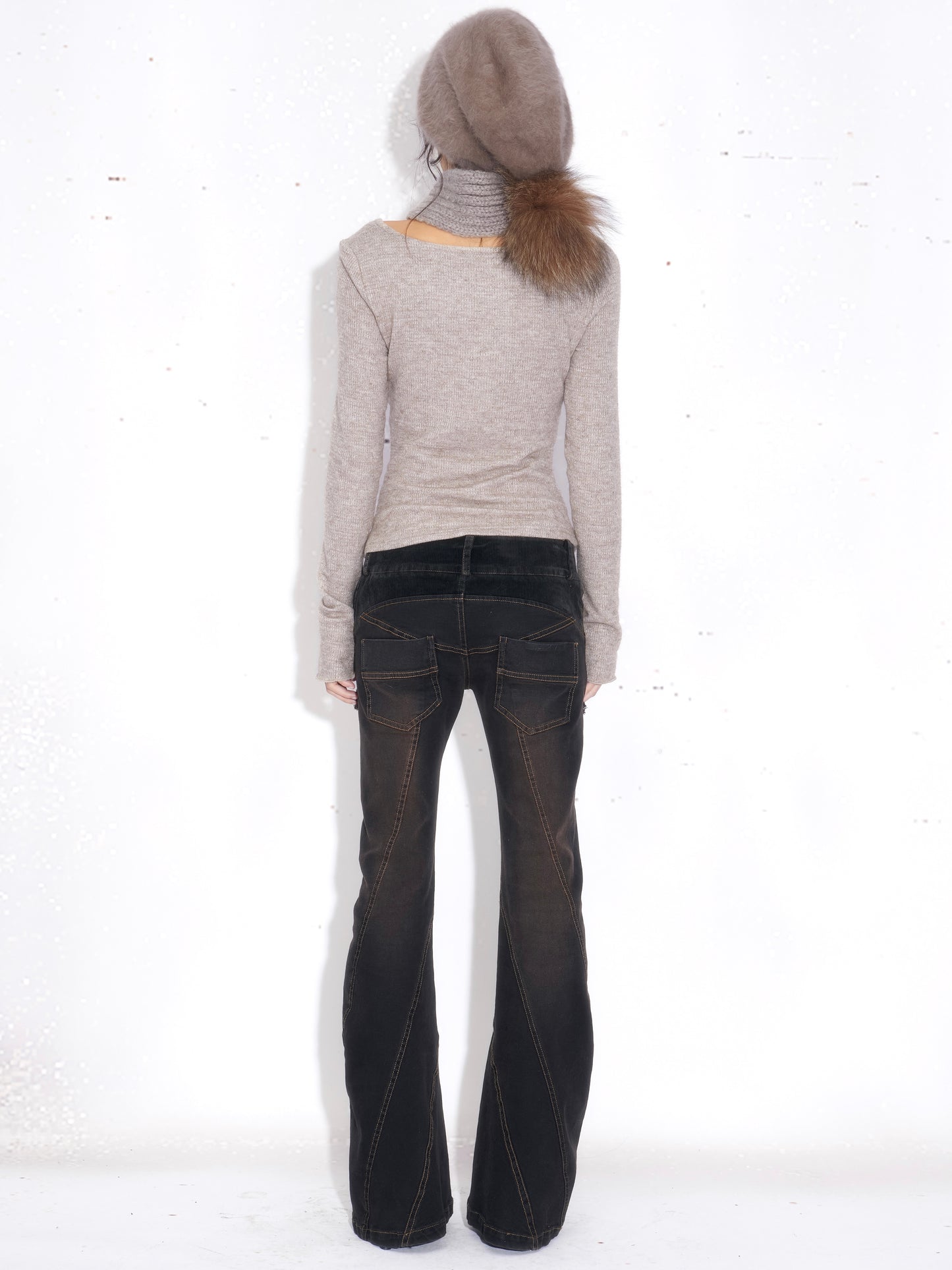 Lace-Trim Knit Faux Two-Piece Top with Rhinestone Detail