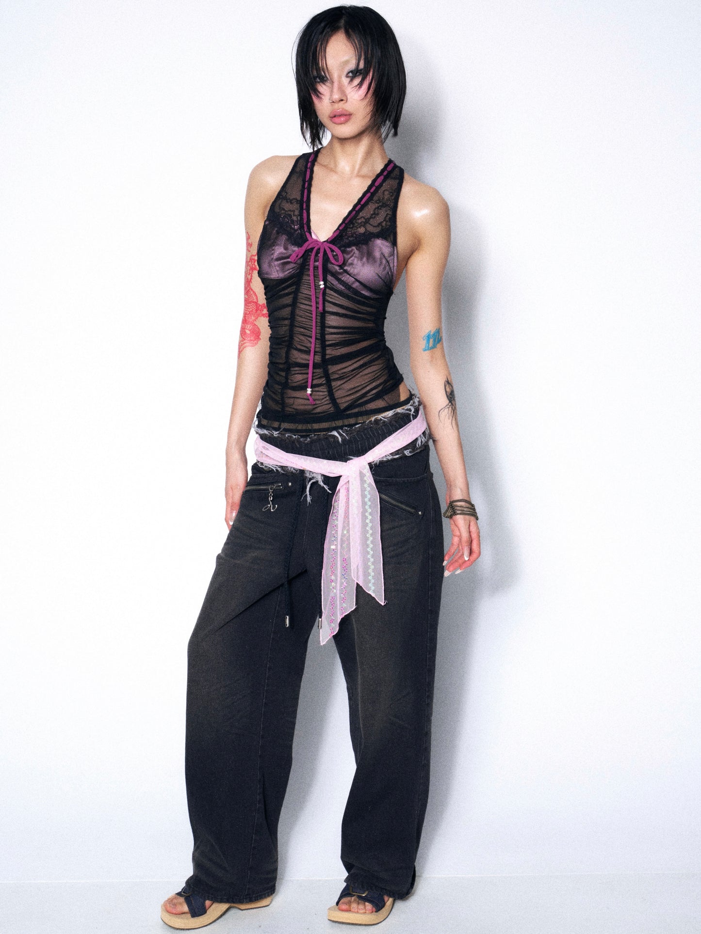 Pink & Black Contrast Lace Mesh Layered Ruffle Cami Top