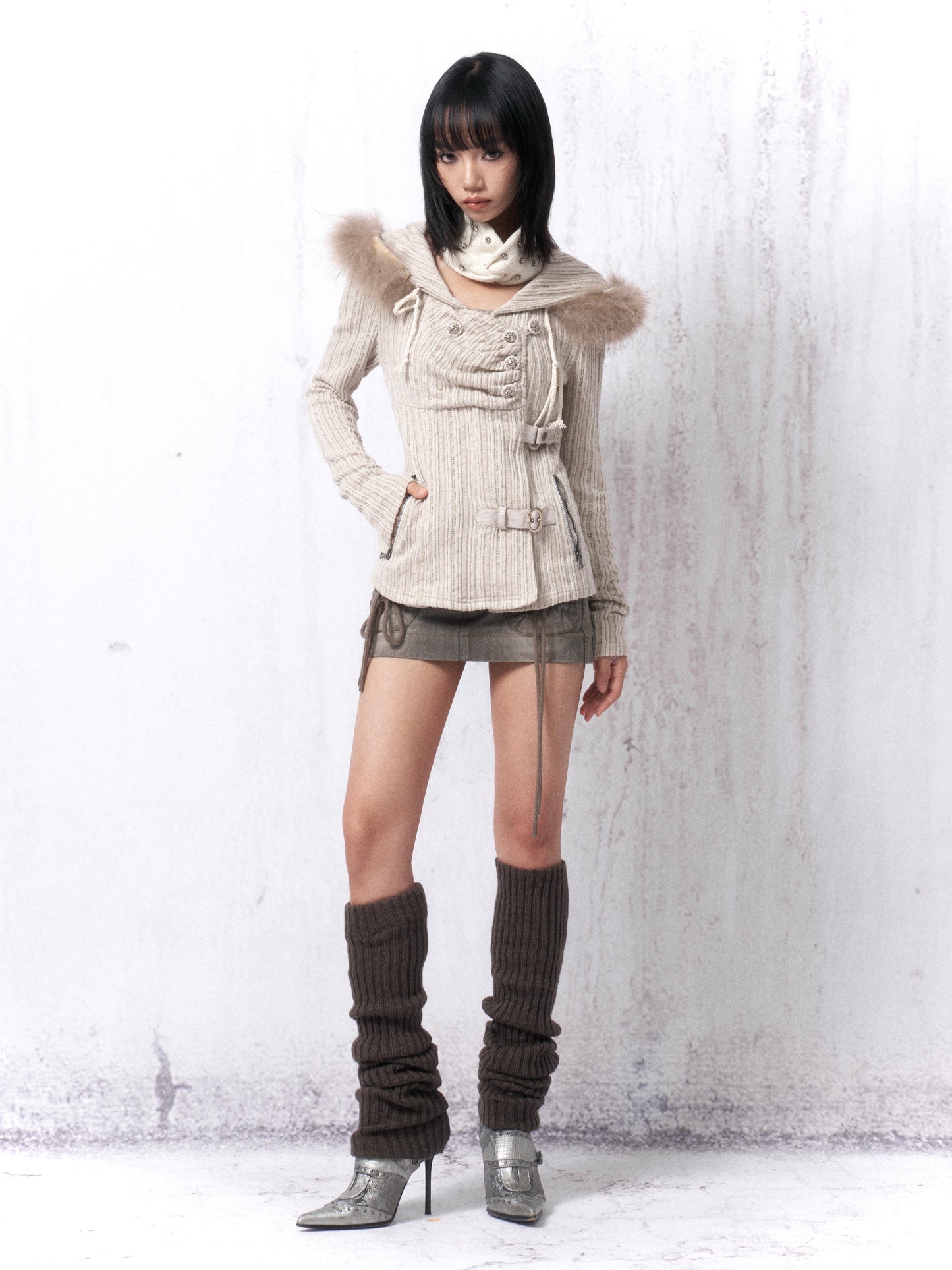 Hooded Stretch Knit Sweater with Fur-Lined Collar