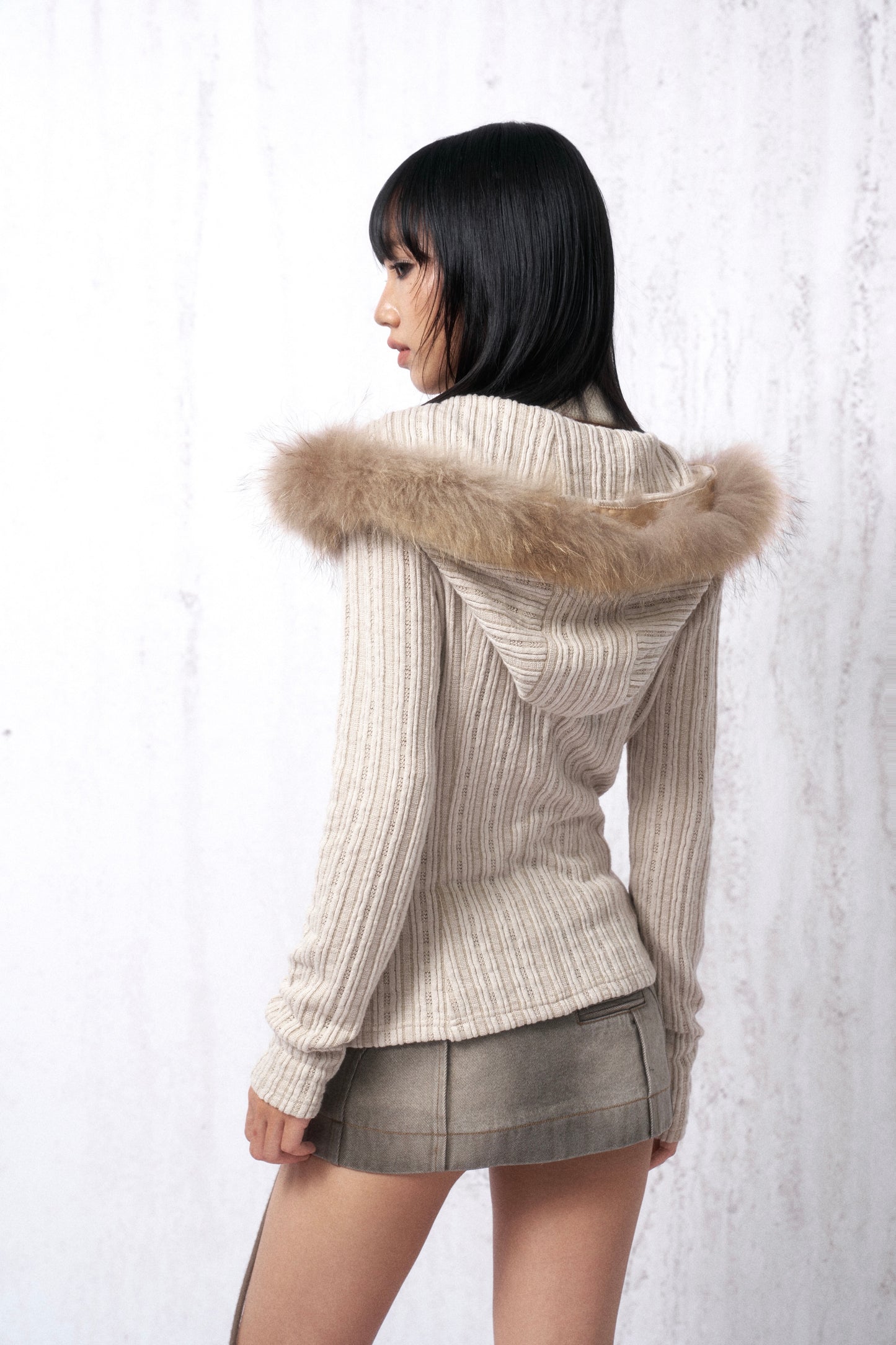 Hooded Stretch Knit Sweater with Fur-Lined Collar