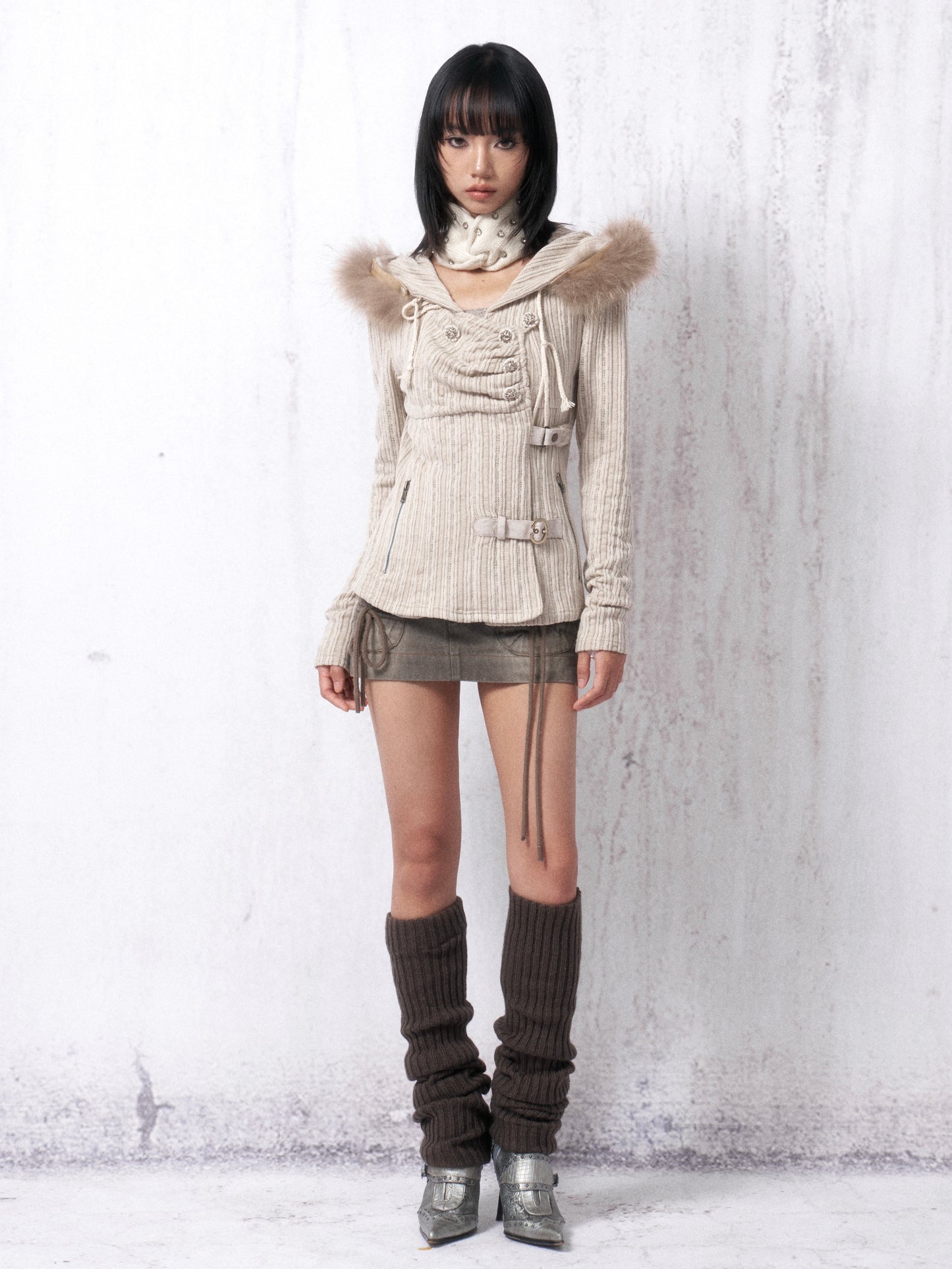 Hooded Stretch Knit Sweater with Fur-Lined Collar