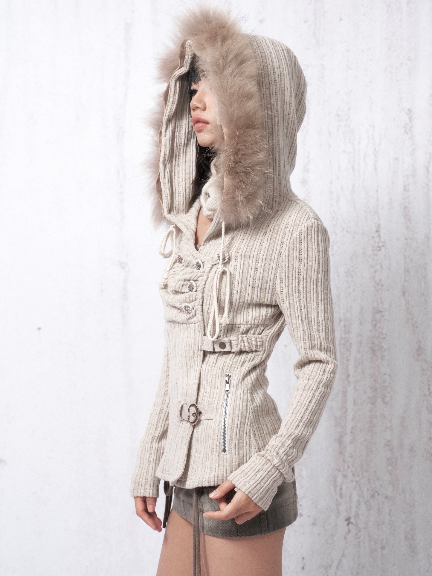 Hooded Stretch Knit Sweater with Fur-Lined Collar