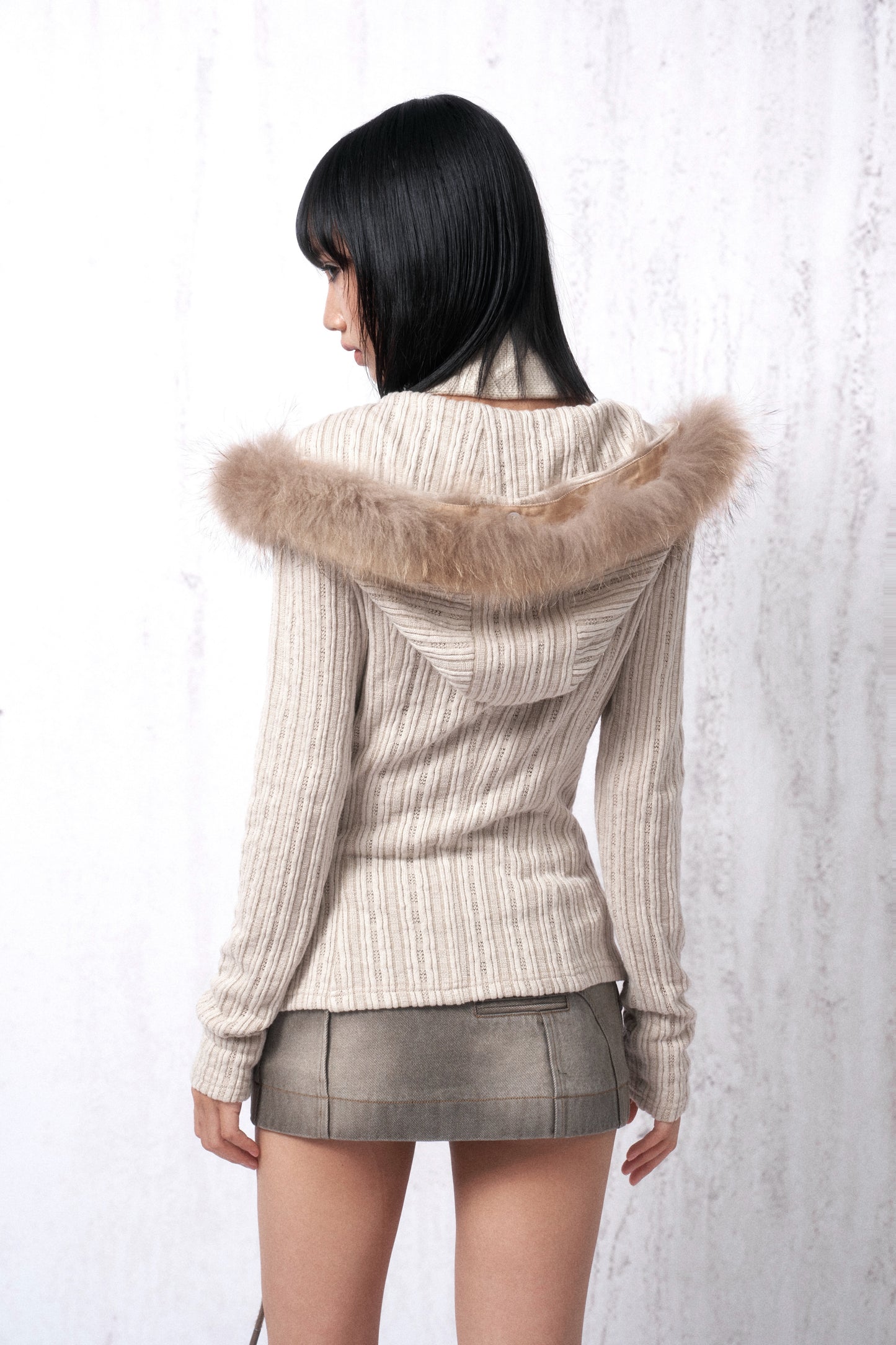 Hooded Stretch Knit Sweater with Fur-Lined Collar