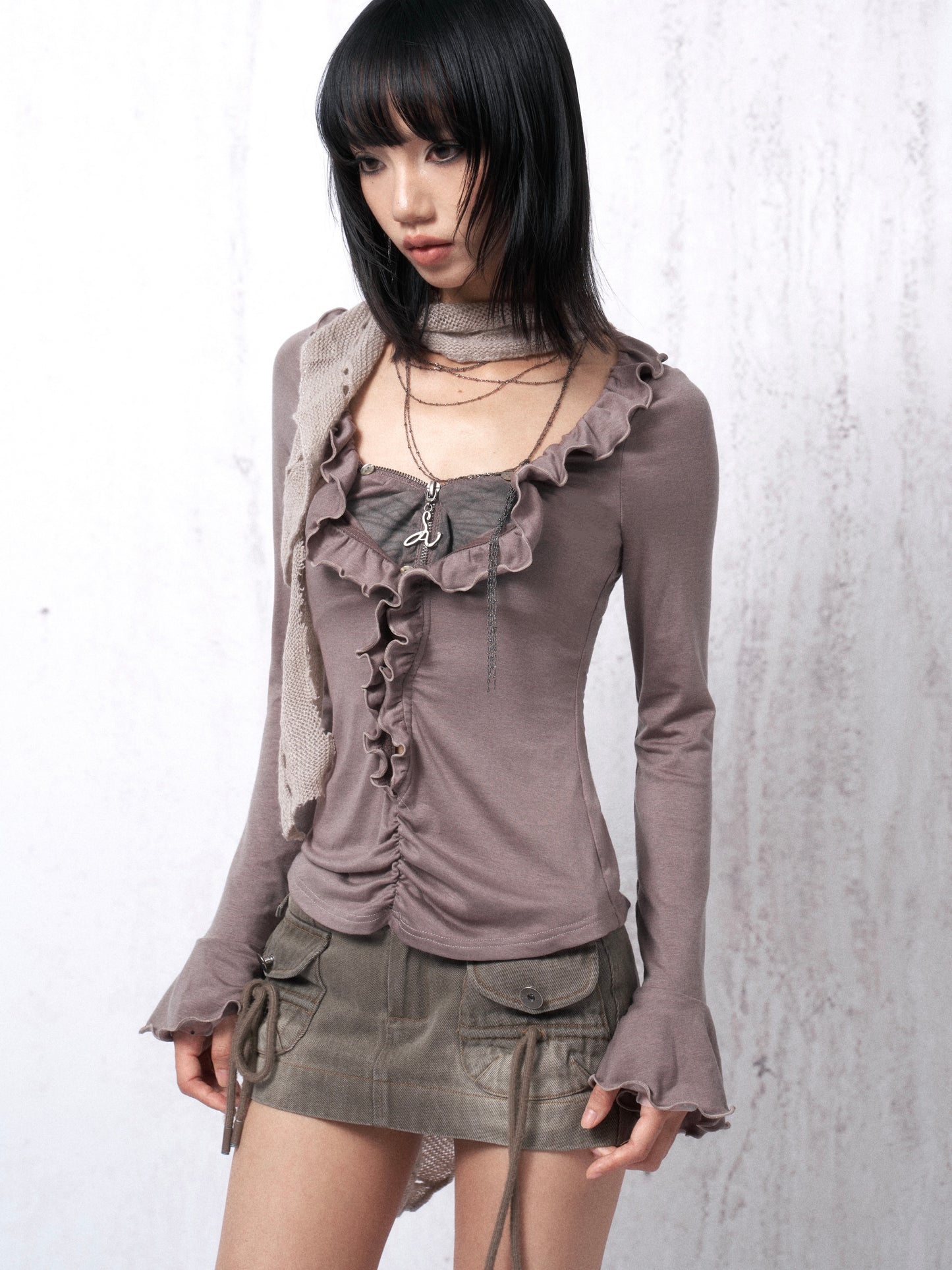 Printed Corset Top and Long-Sleeve Overshirt with Ruffle Collar Two-Piece Set