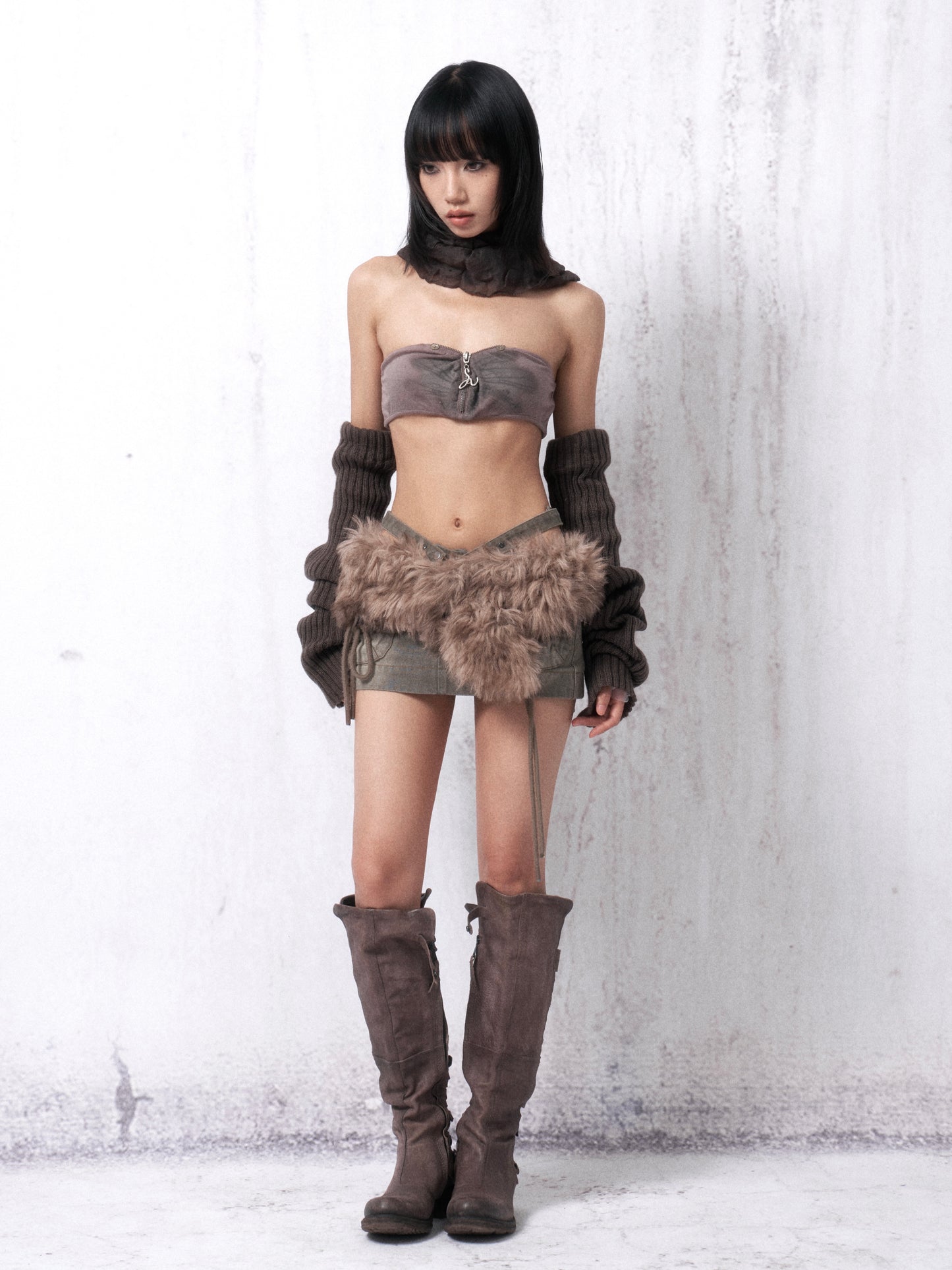 Printed Corset Top and Long-Sleeve Overshirt with Ruffle Collar Two-Piece Set