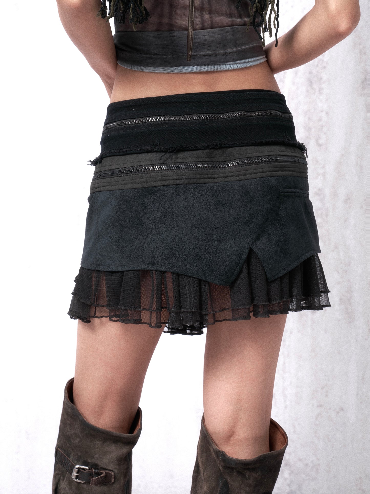 Distressed Wash Suede & Corduroy Paneled Mini Skirt with Zip Accents and Mesh Hem