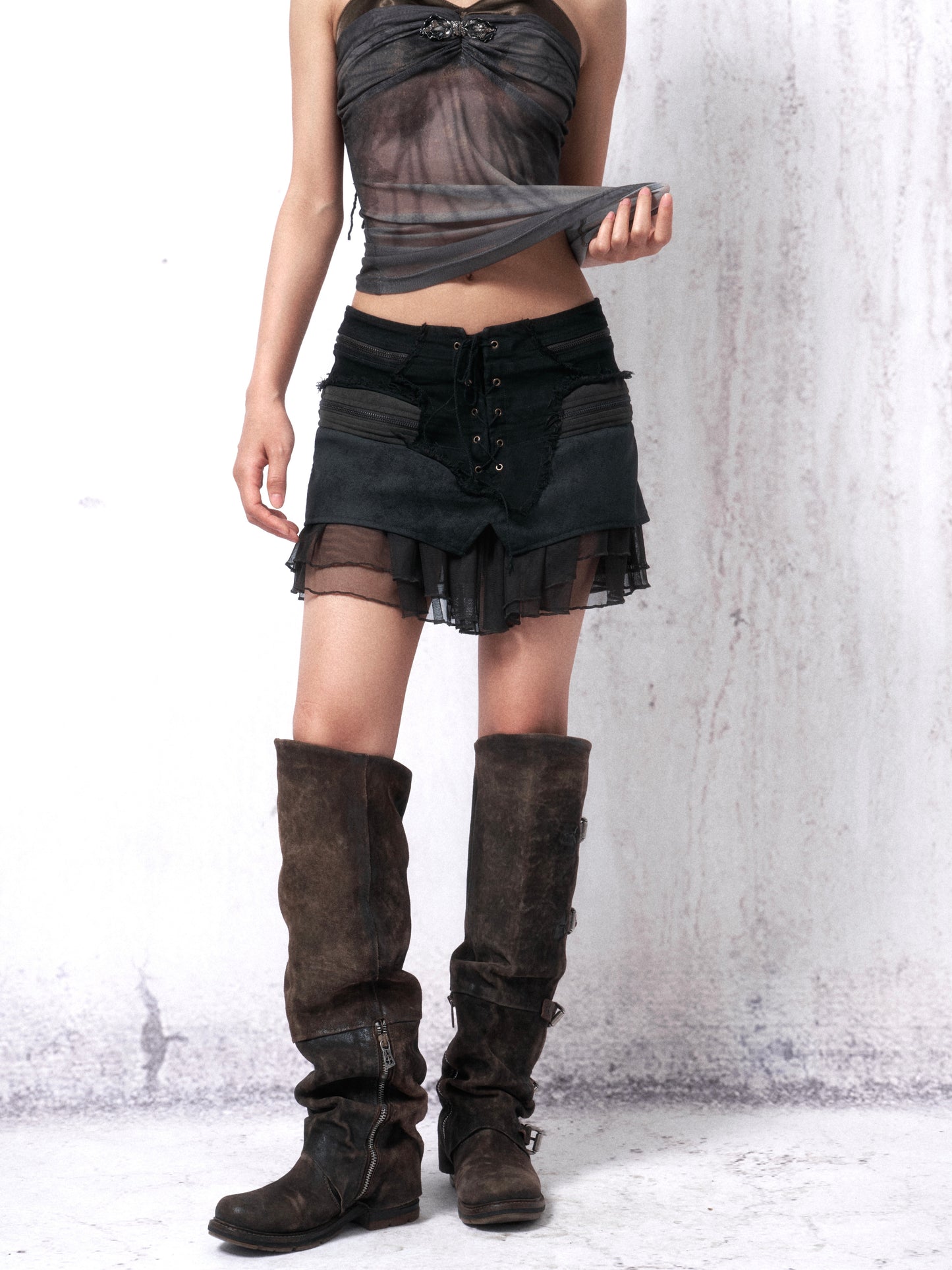 Distressed Wash Suede & Corduroy Paneled Mini Skirt with Zip Accents and Mesh Hem