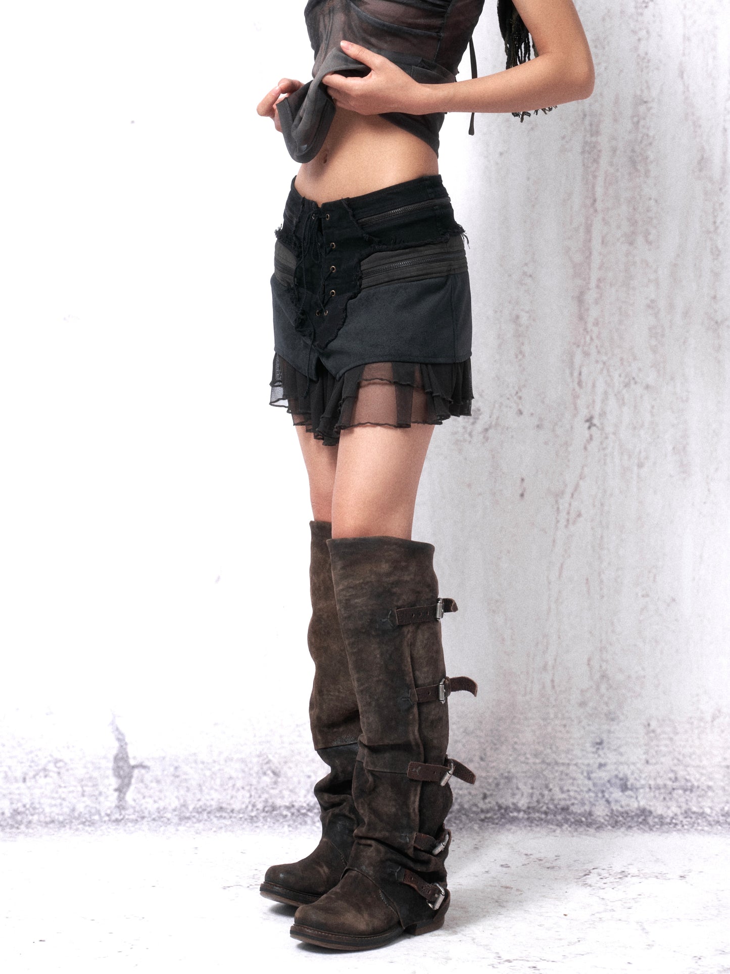 Distressed Wash Suede & Corduroy Paneled Mini Skirt with Zip Accents and Mesh Hem