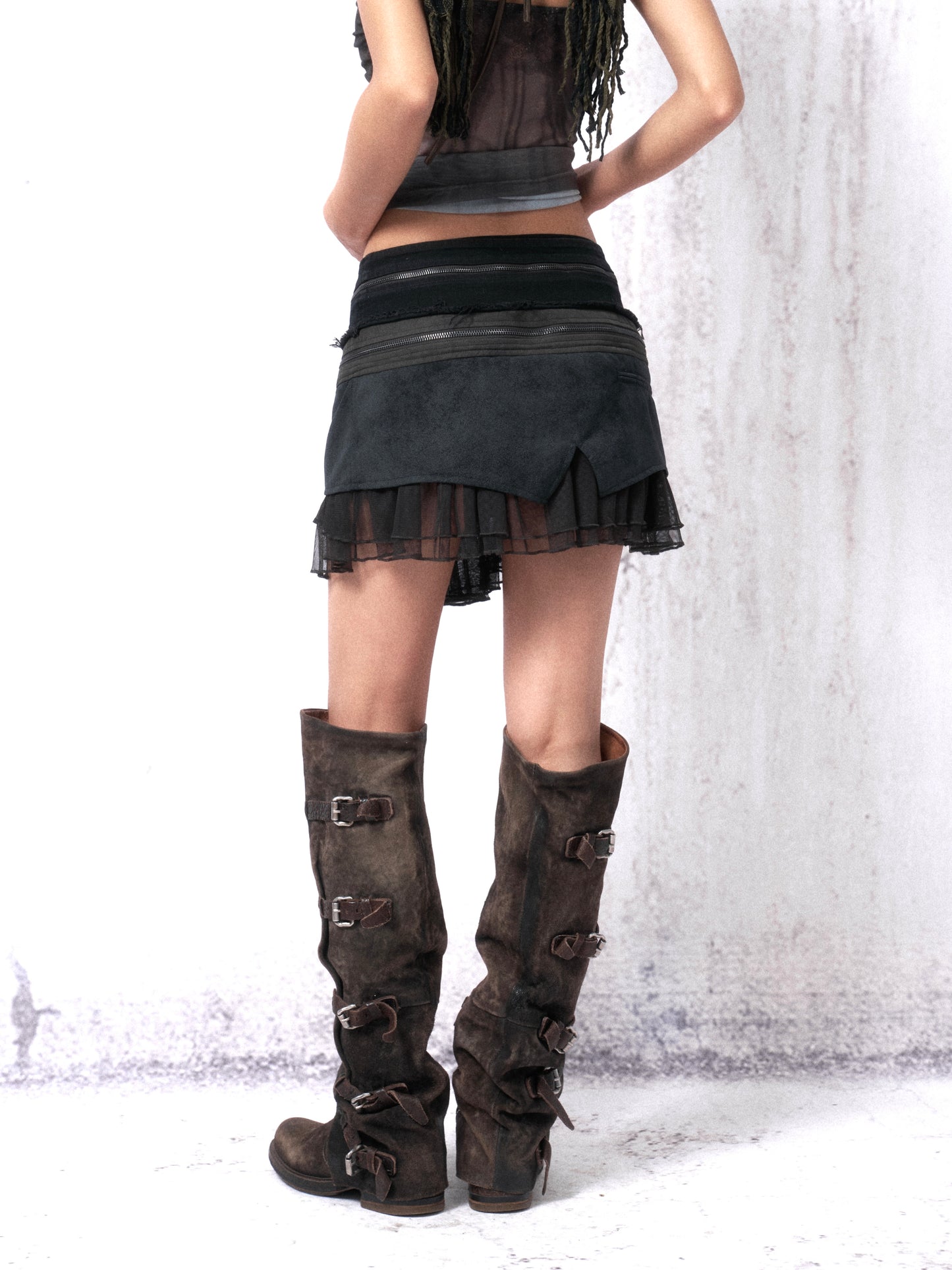 Distressed Wash Suede & Corduroy Paneled Mini Skirt with Zip Accents and Mesh Hem