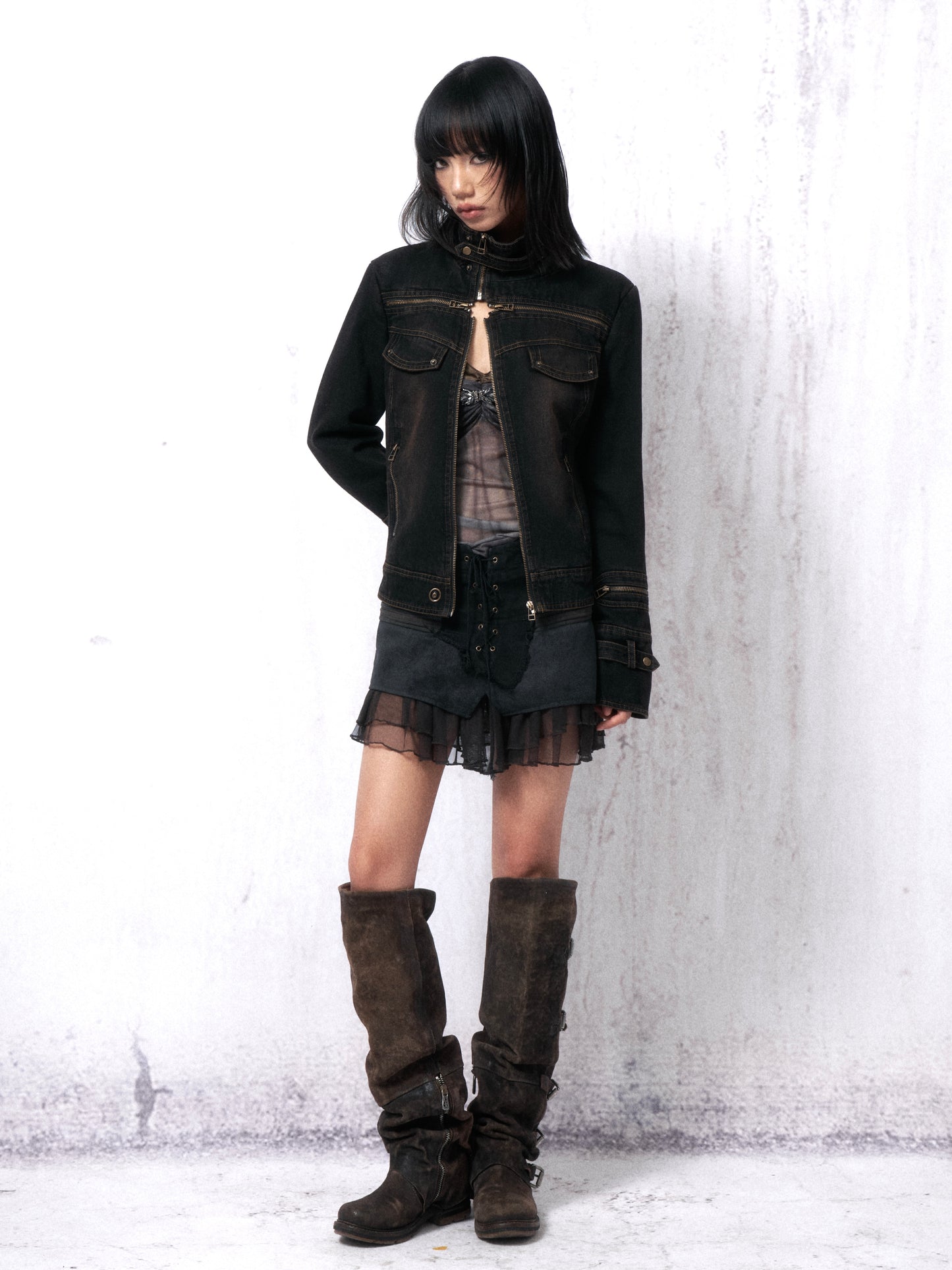 Distressed Washed Denim Jacket with Cross Zip and Quilted Lining