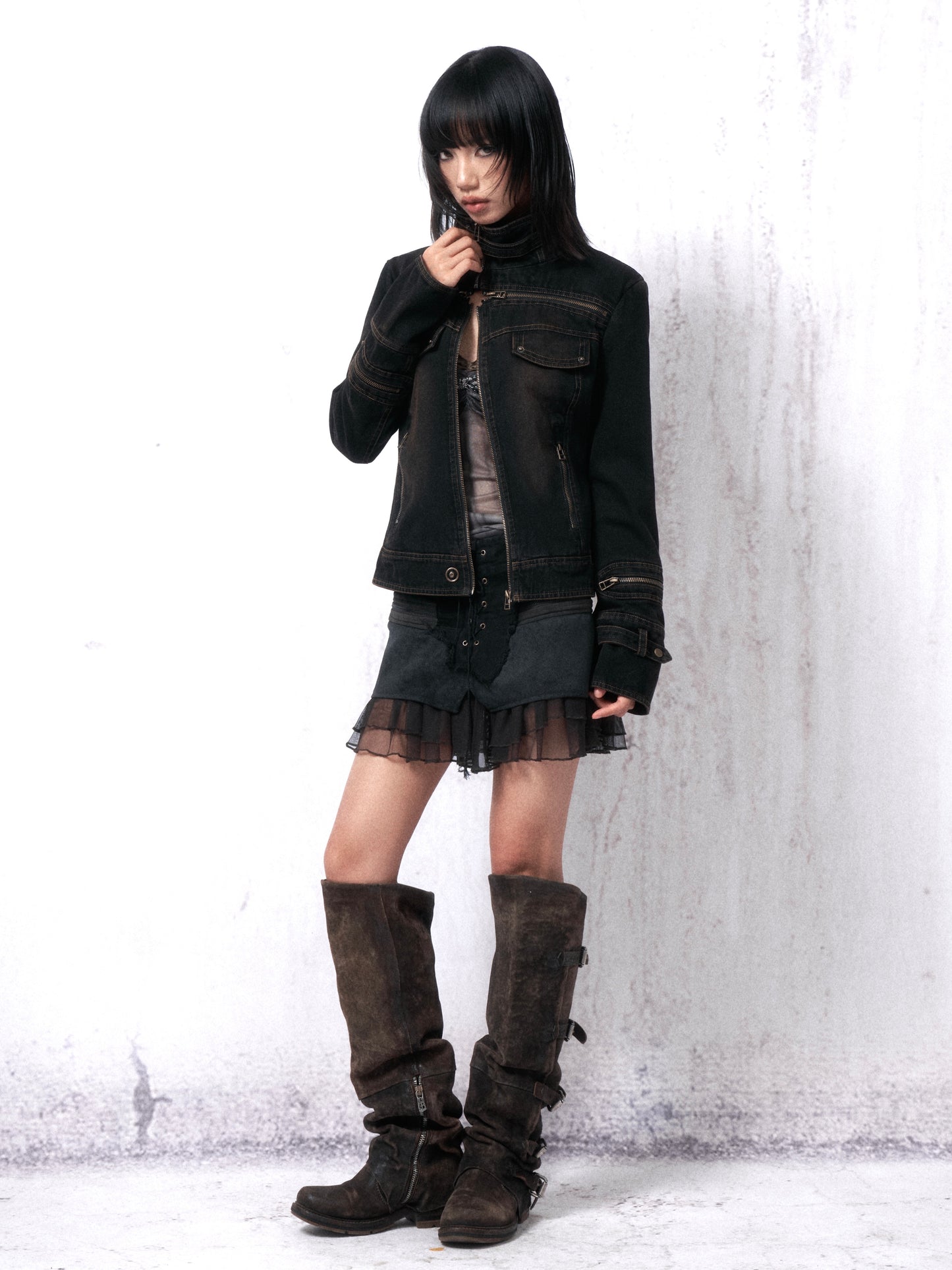 Distressed Washed Denim Jacket with Cross Zip and Quilted Lining