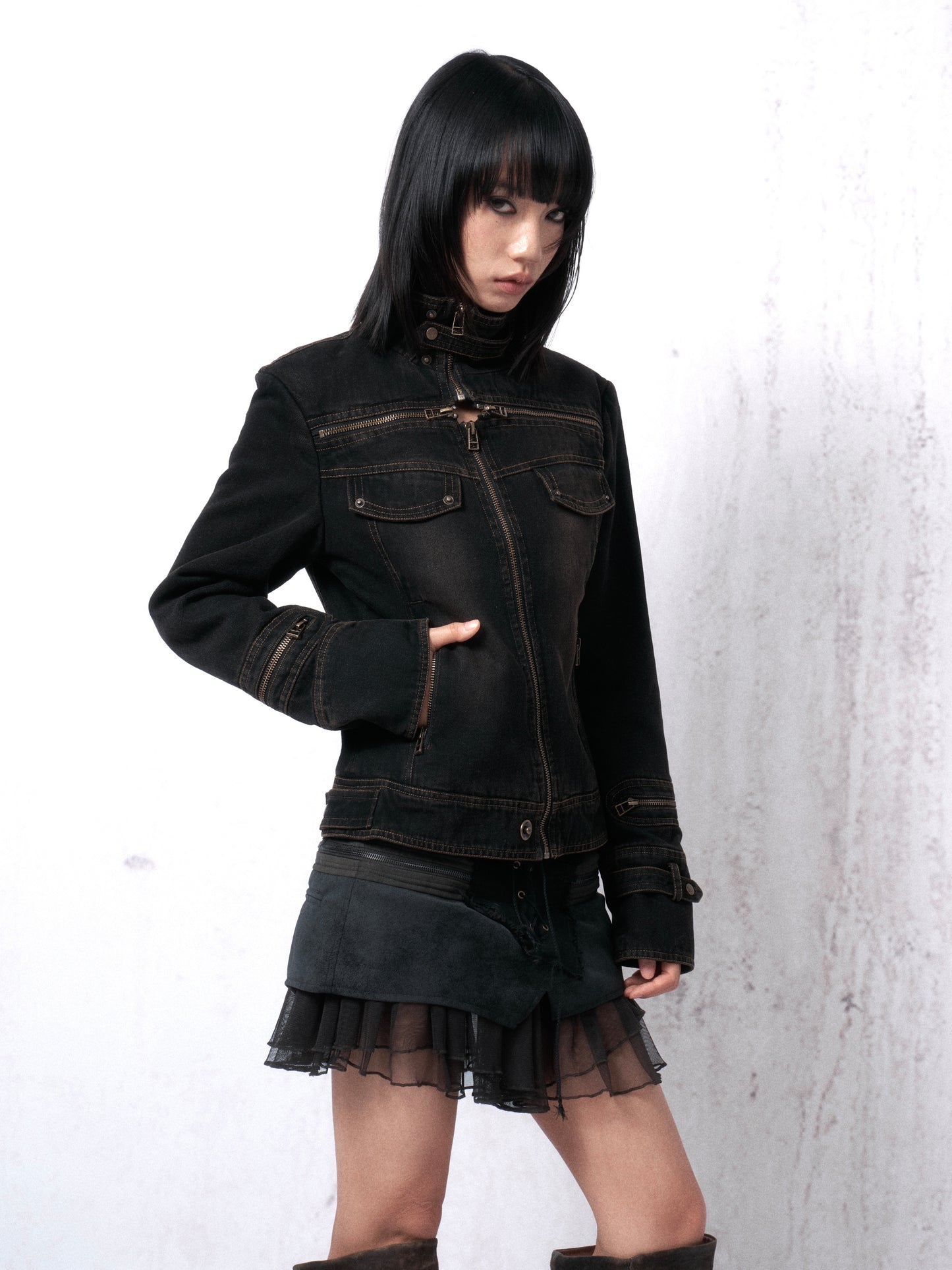 Distressed Washed Denim Jacket with Cross Zip and Quilted Lining