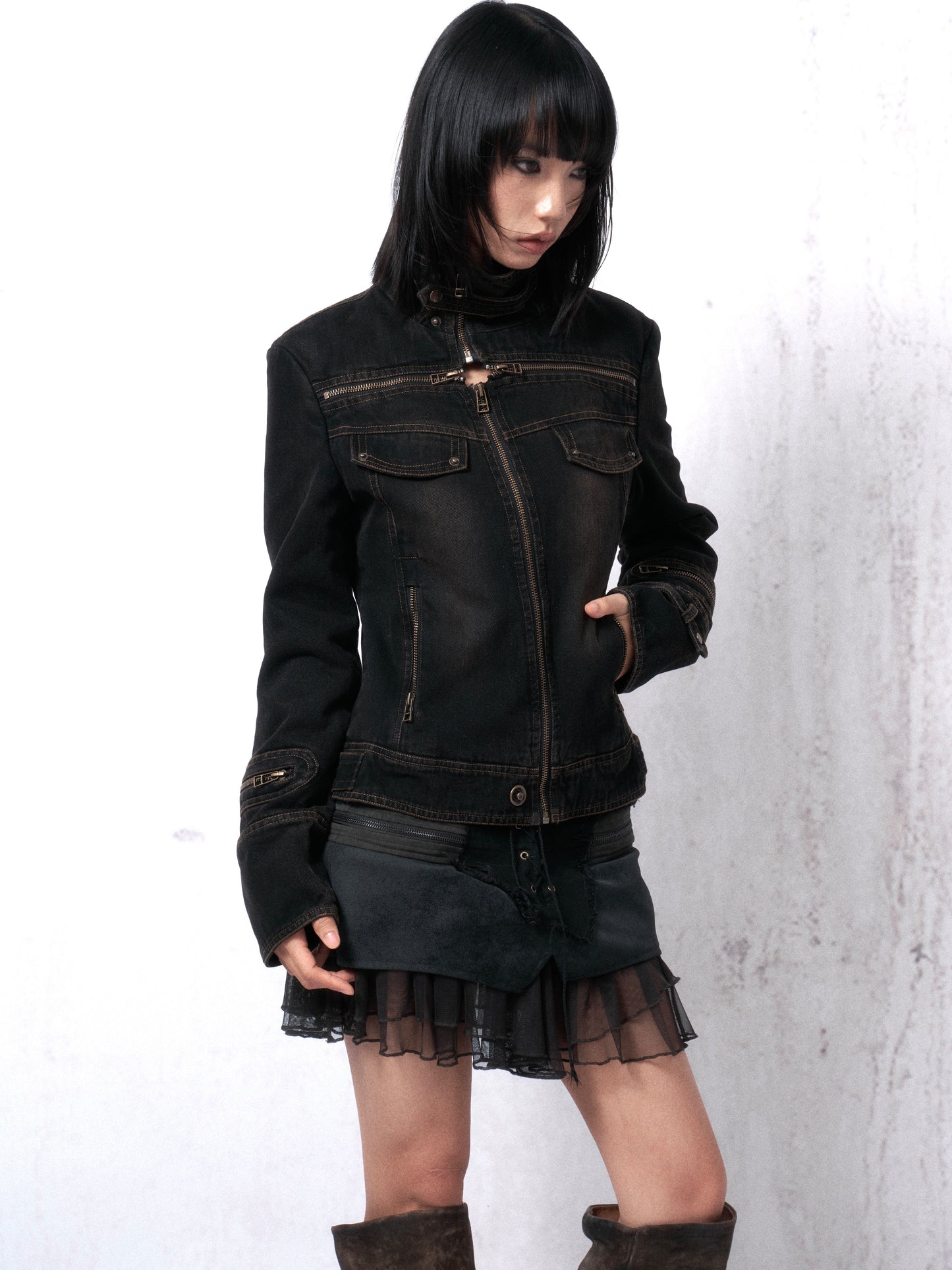 Distressed Washed Denim Jacket with Cross Zip and Quilted Lining