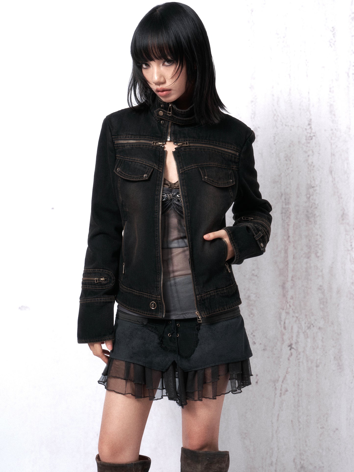 Distressed Washed Denim Jacket with Cross Zip and Quilted Lining