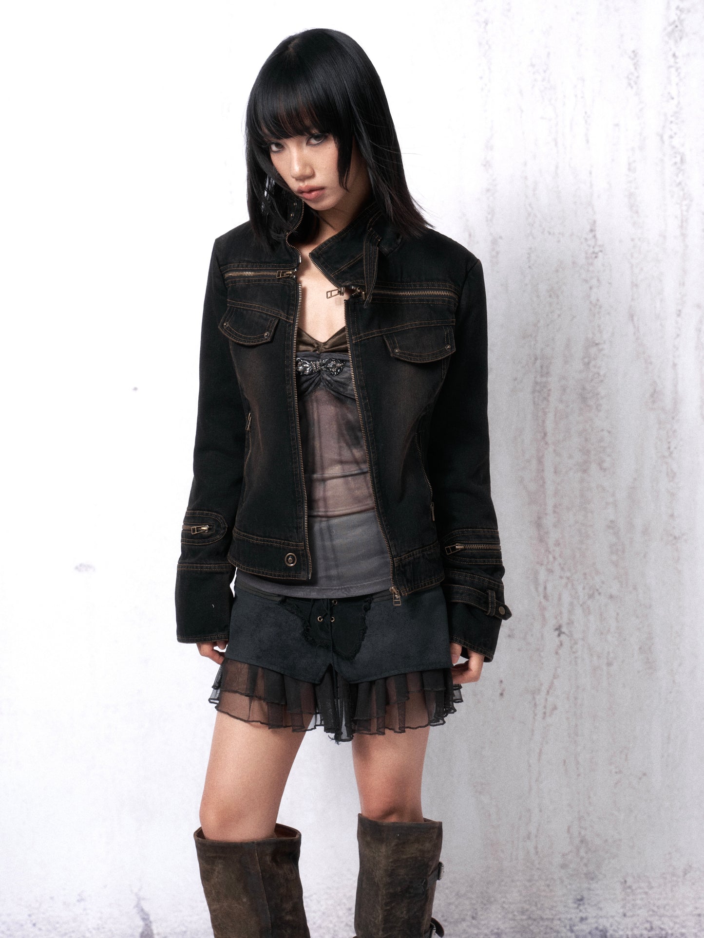 Distressed Washed Denim Jacket with Cross Zip and Quilted Lining