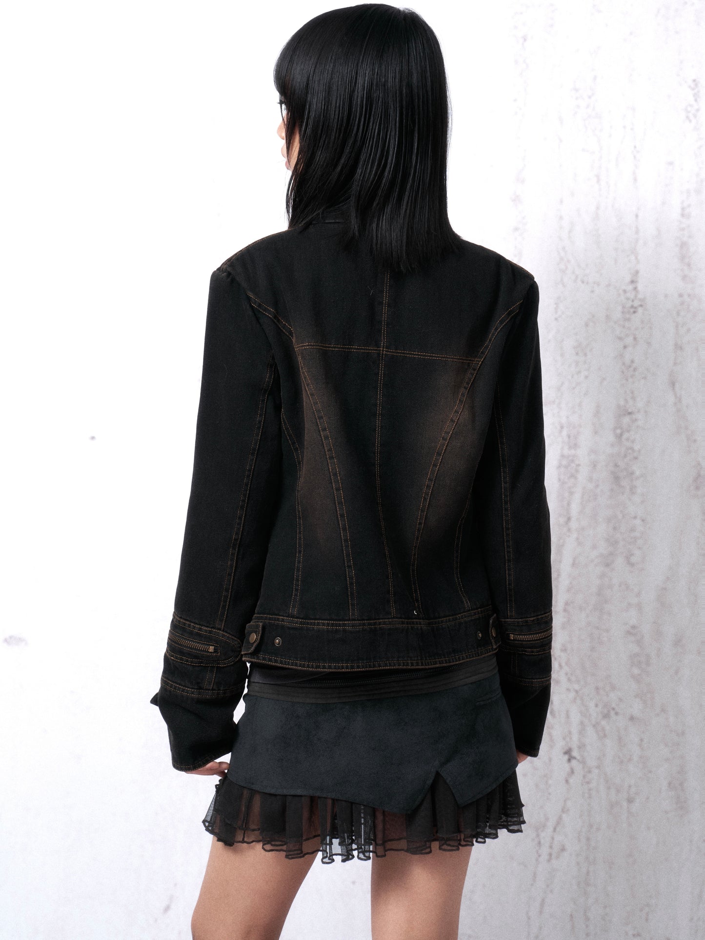 Distressed Washed Denim Jacket with Cross Zip and Quilted Lining