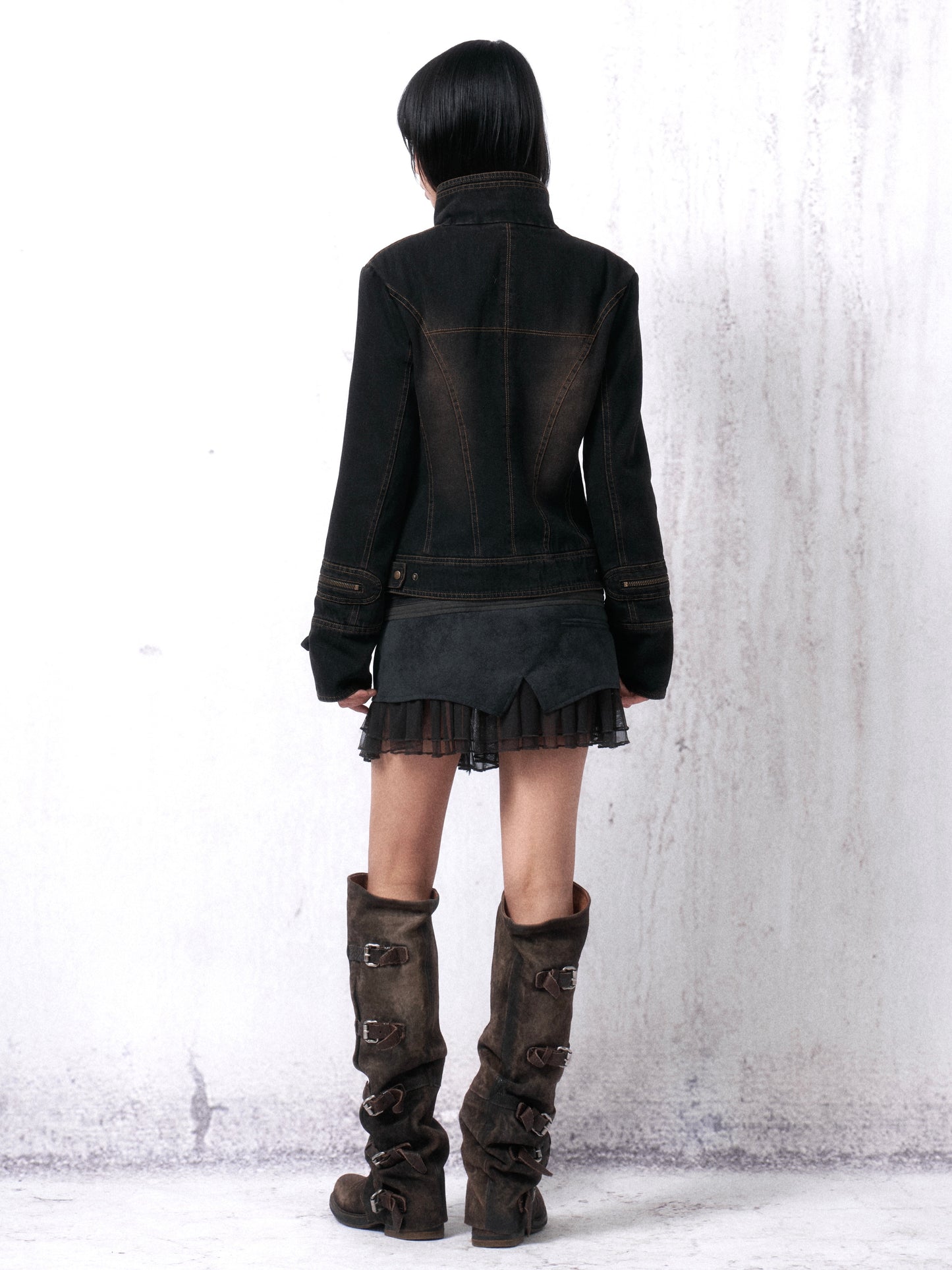 Distressed Washed Denim Jacket with Cross Zip and Quilted Lining