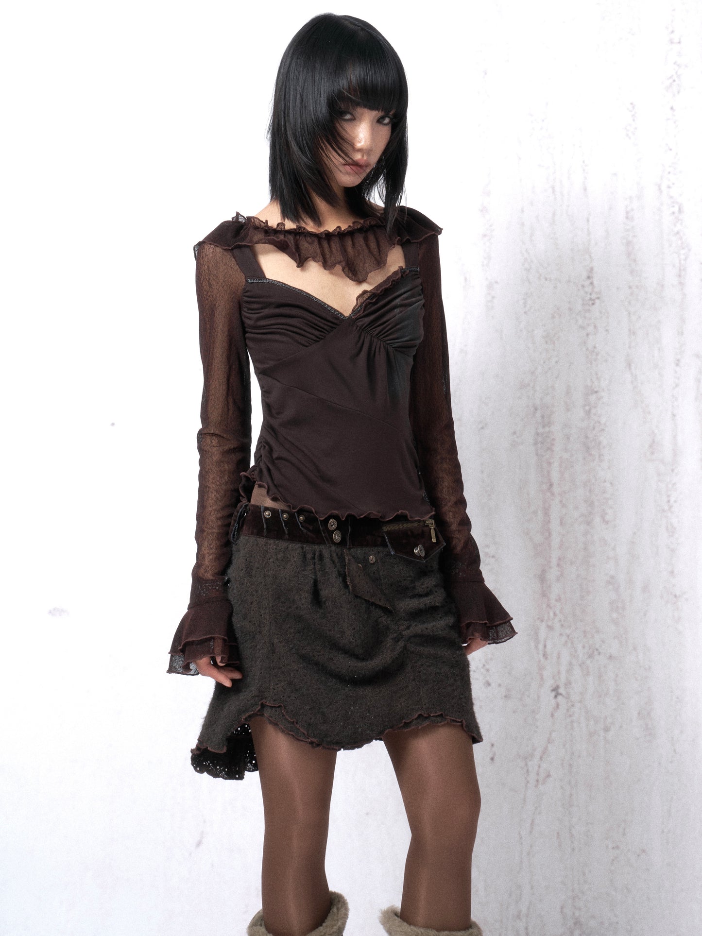 Printed Knit Top with Lace Panels and Lace-Trimmed Collar