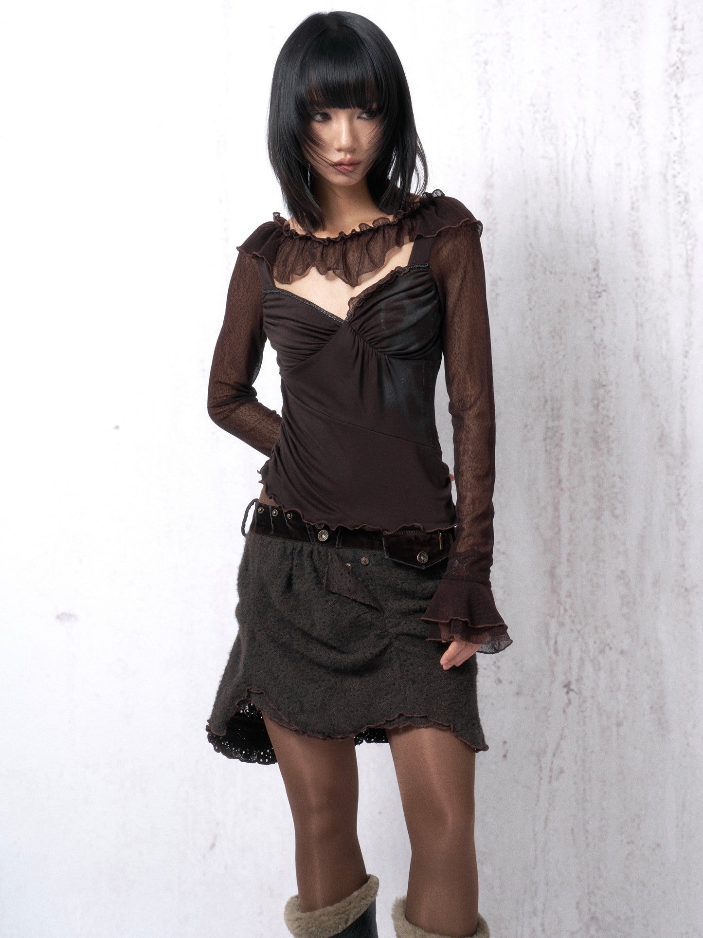 Velvet Lace Knit Paneled Short Skirt