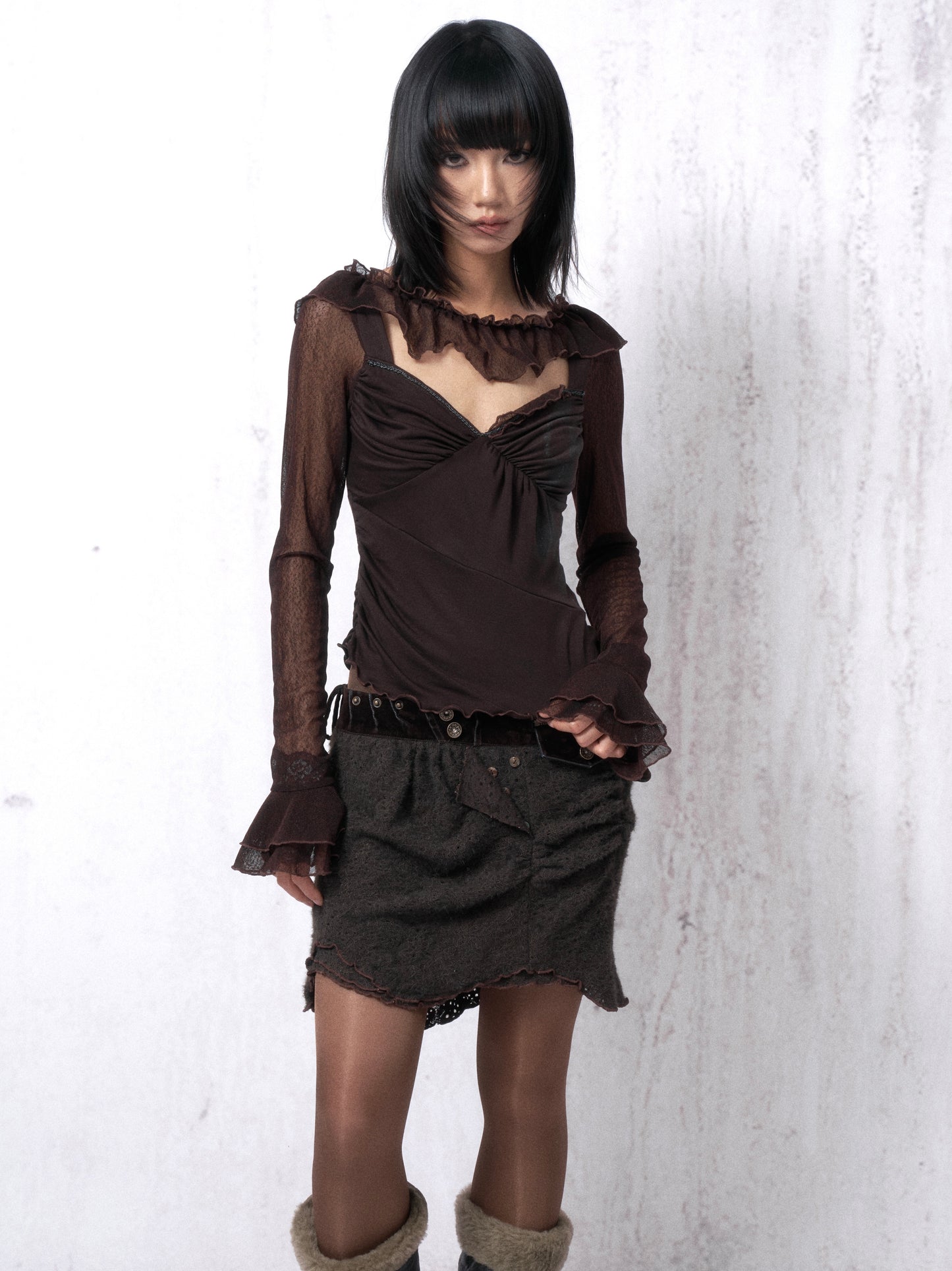 Velvet Lace Knit Paneled Short Skirt