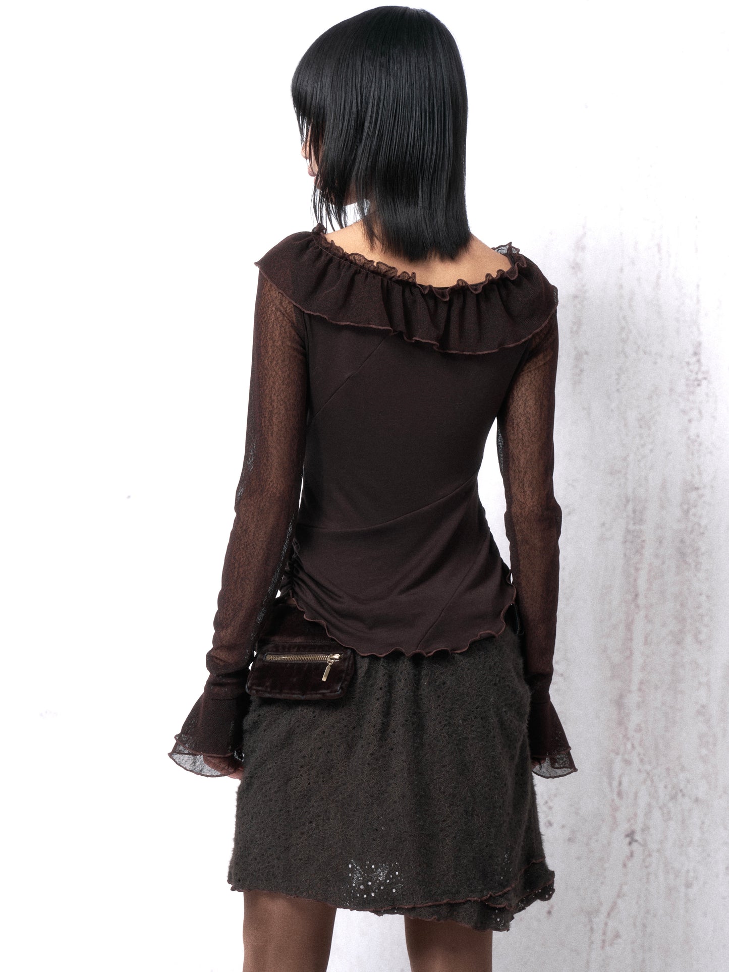 Printed Knit Top with Lace Panels and Lace-Trimmed Collar