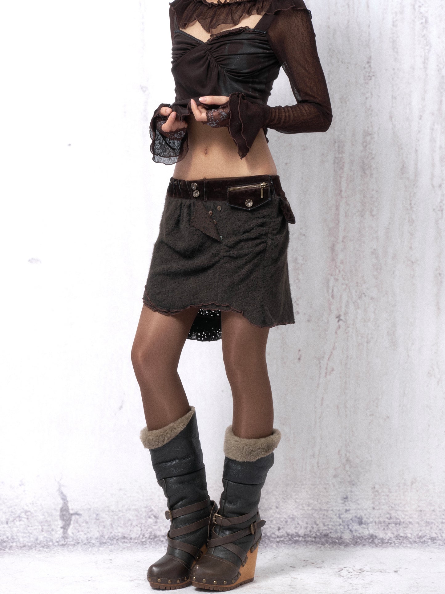 Velvet Lace Knit Paneled Short Skirt