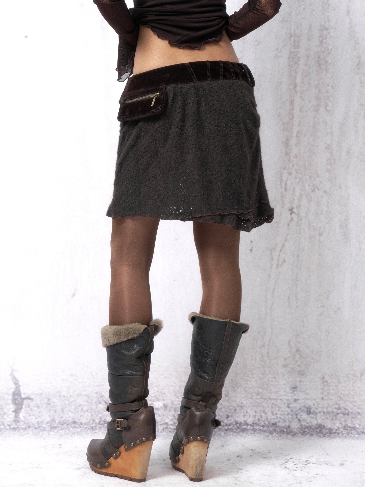 Velvet Lace Knit Paneled Short Skirt