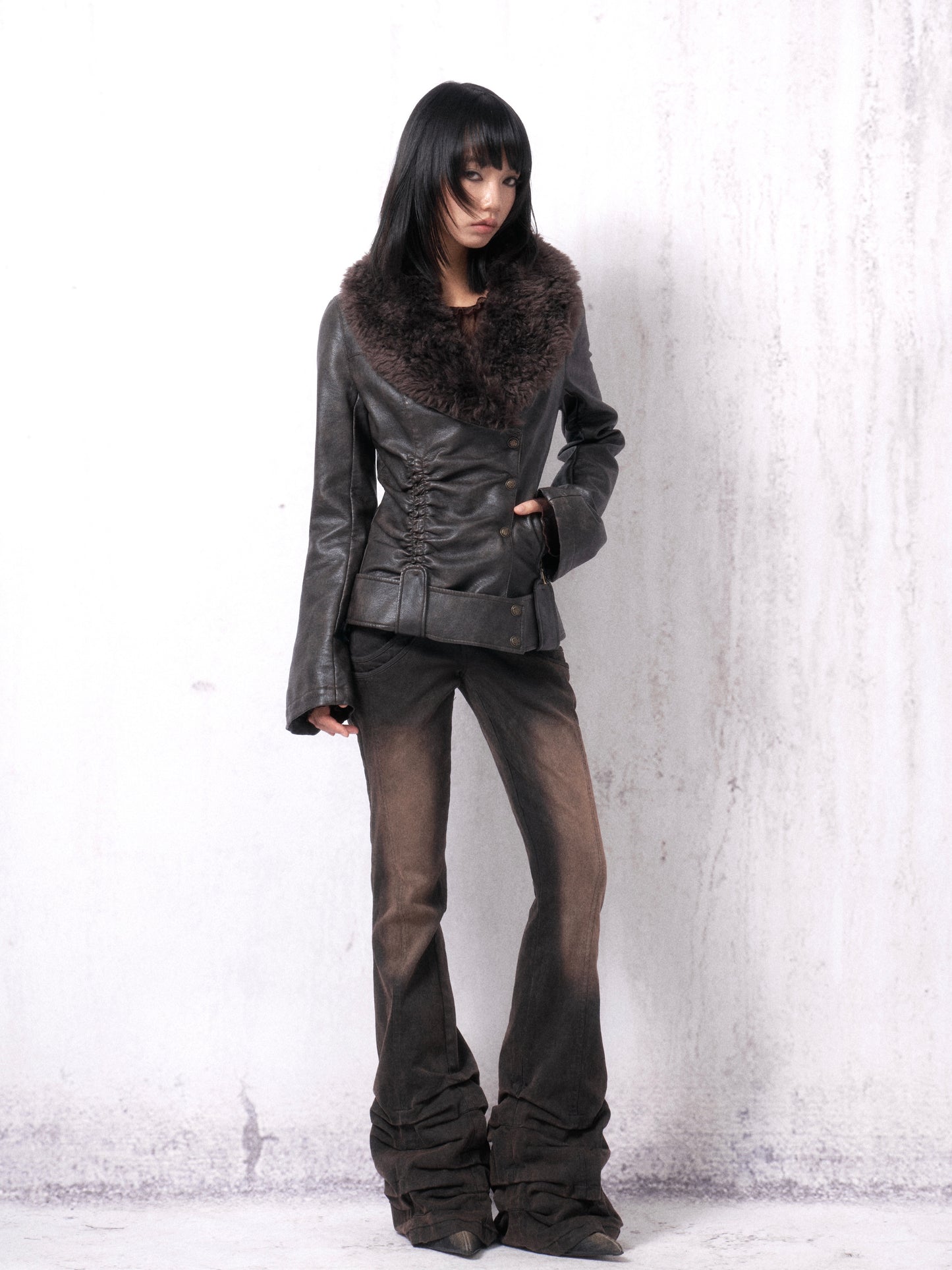 Gathered Leather Jacket with Fur Collar