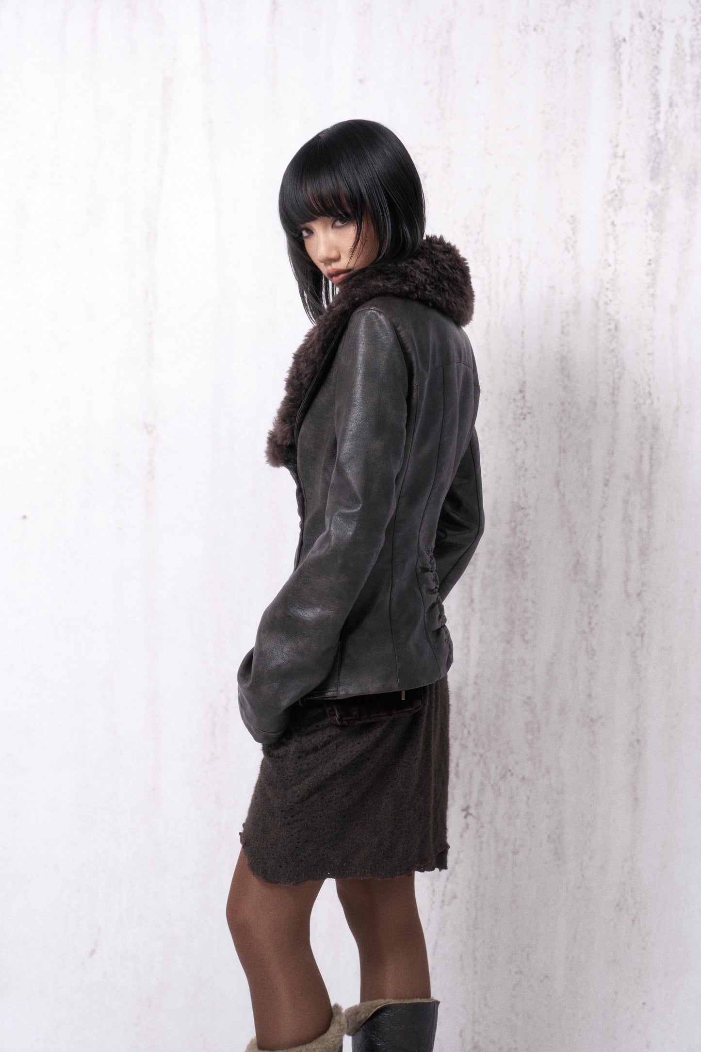 Gathered Leather Jacket with Fur Collar