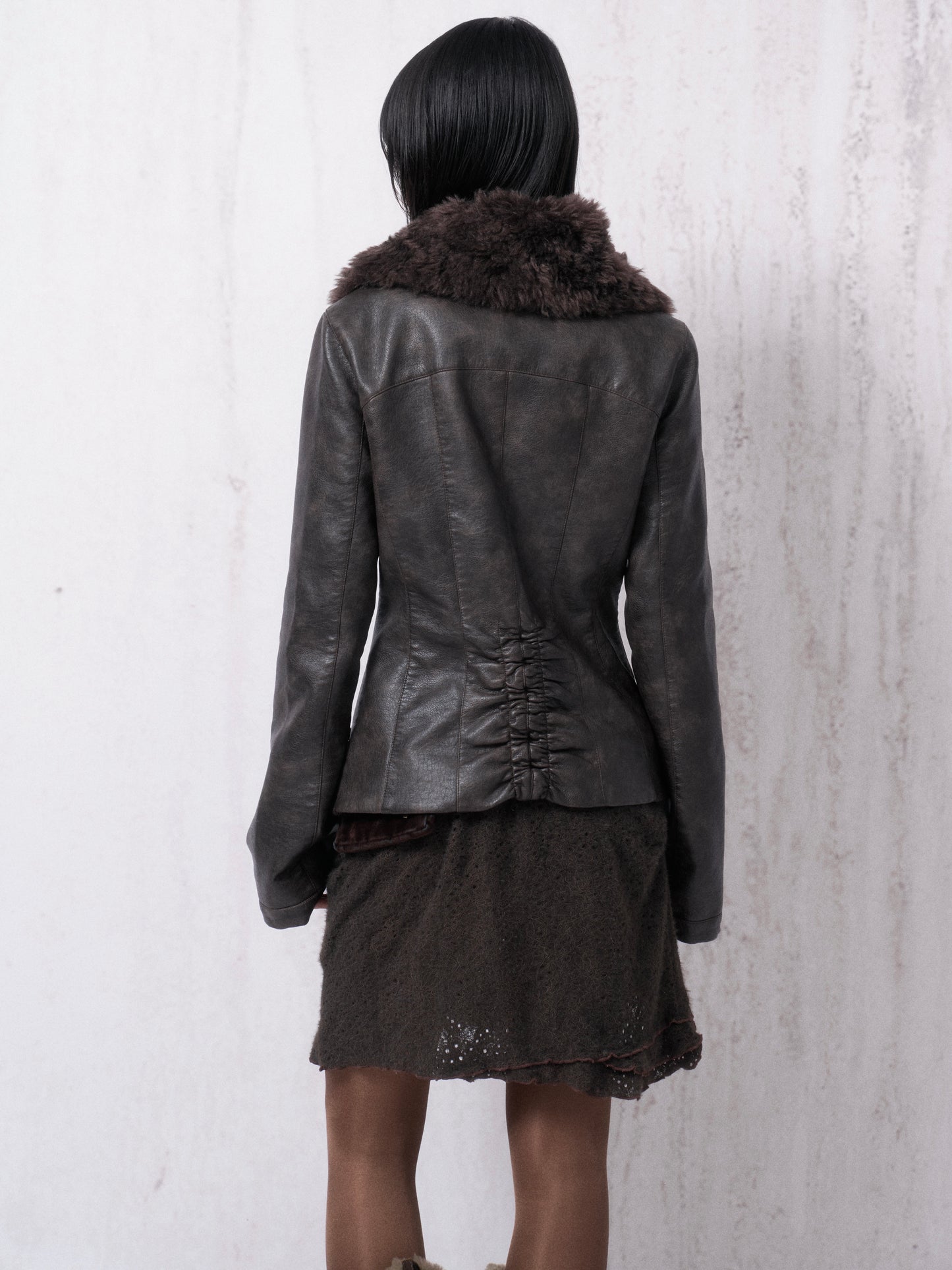Gathered Leather Jacket with Fur Collar