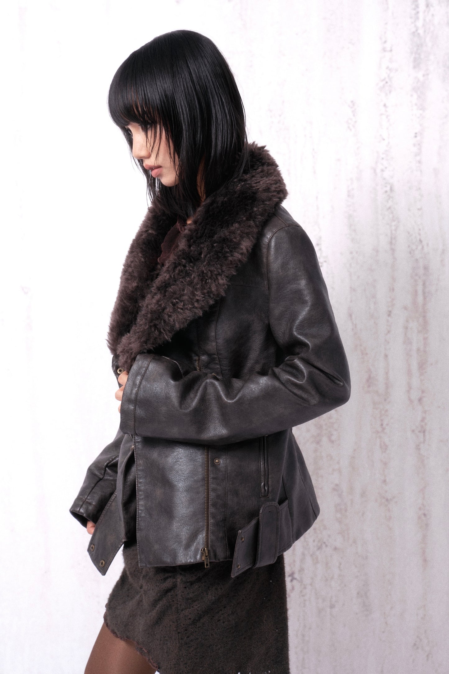 Gathered Leather Jacket with Fur Collar