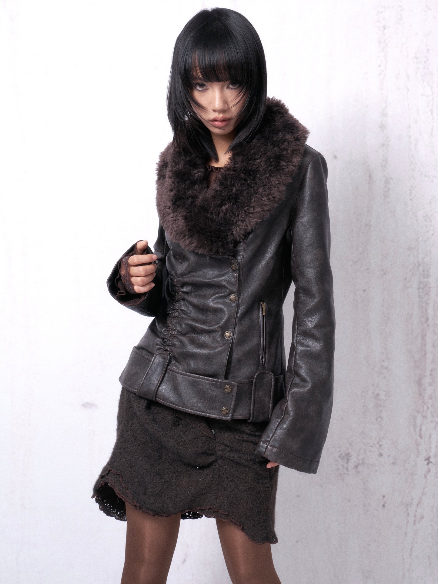 Gathered Leather Jacket with Fur Collar