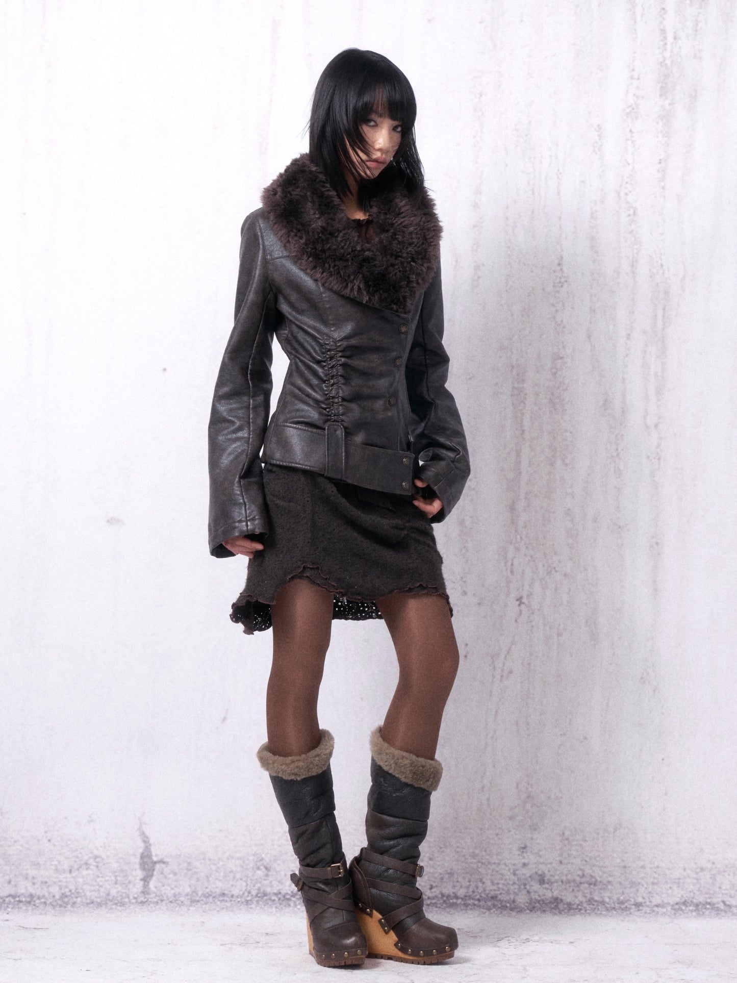 Gathered Leather Jacket with Fur Collar