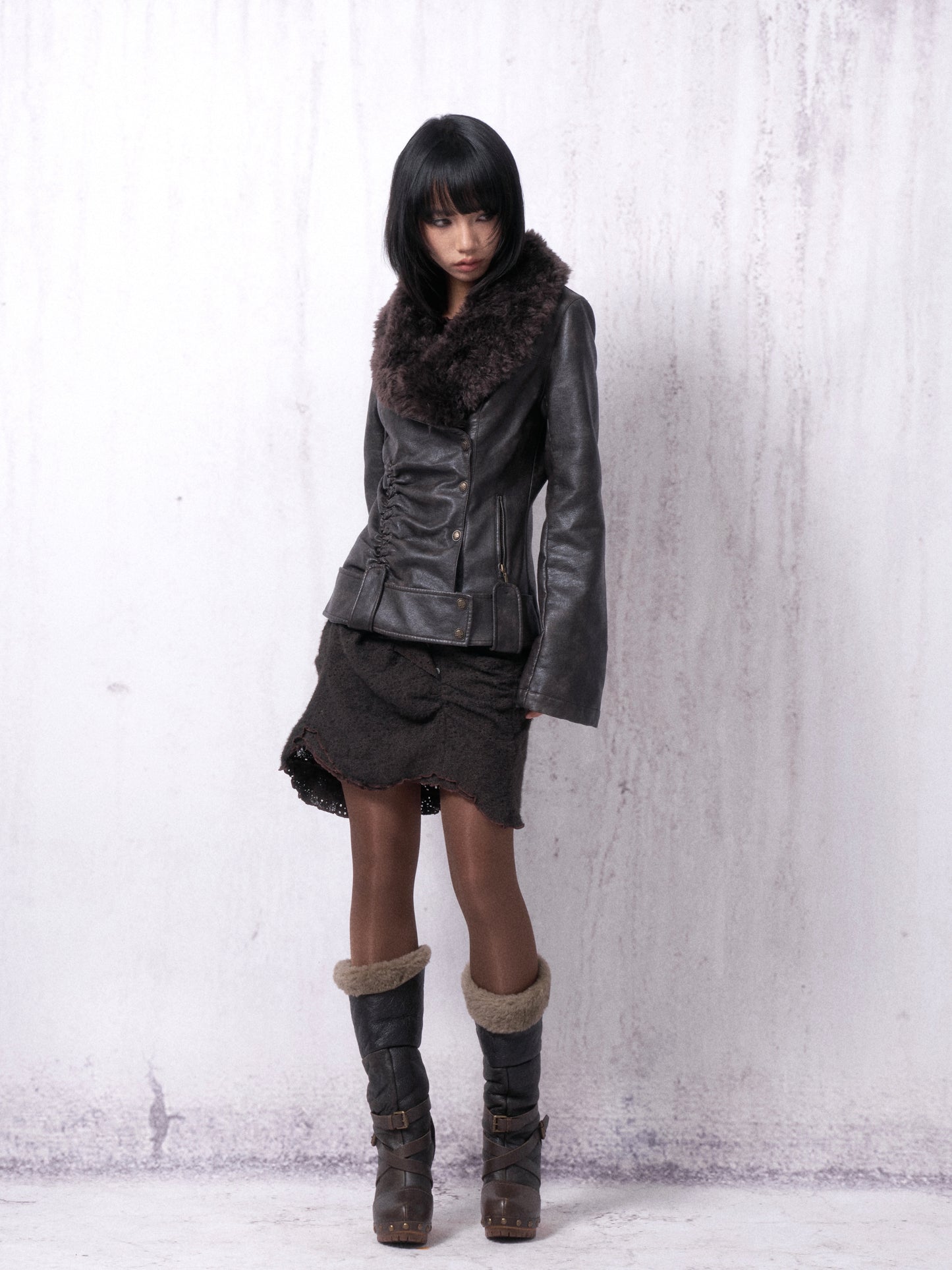 Gathered Leather Jacket with Fur Collar