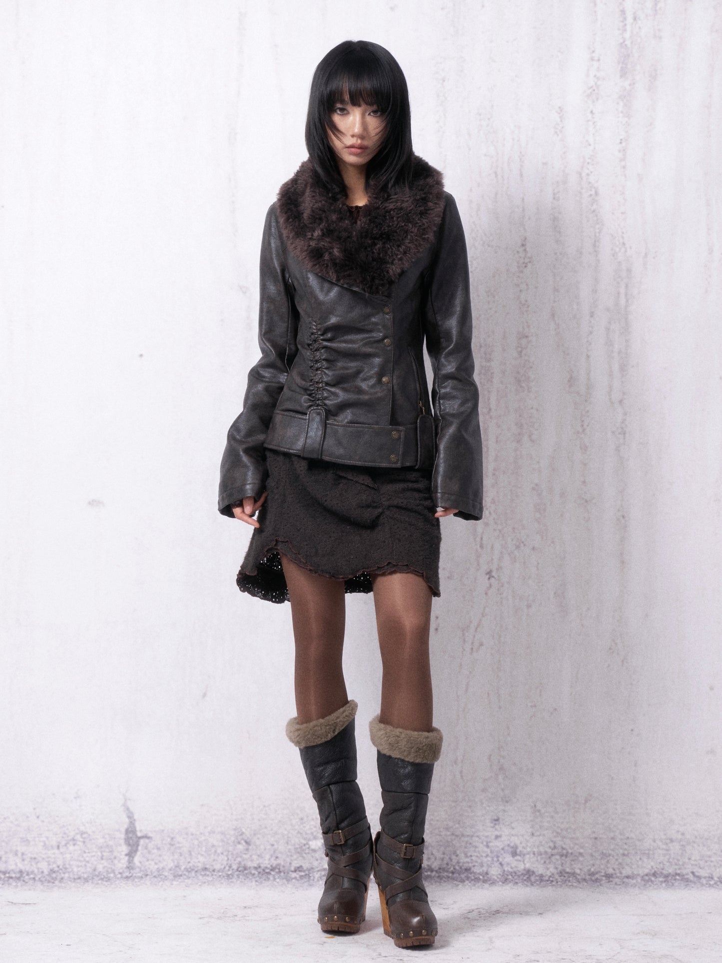 Gathered Leather Jacket with Fur Collar