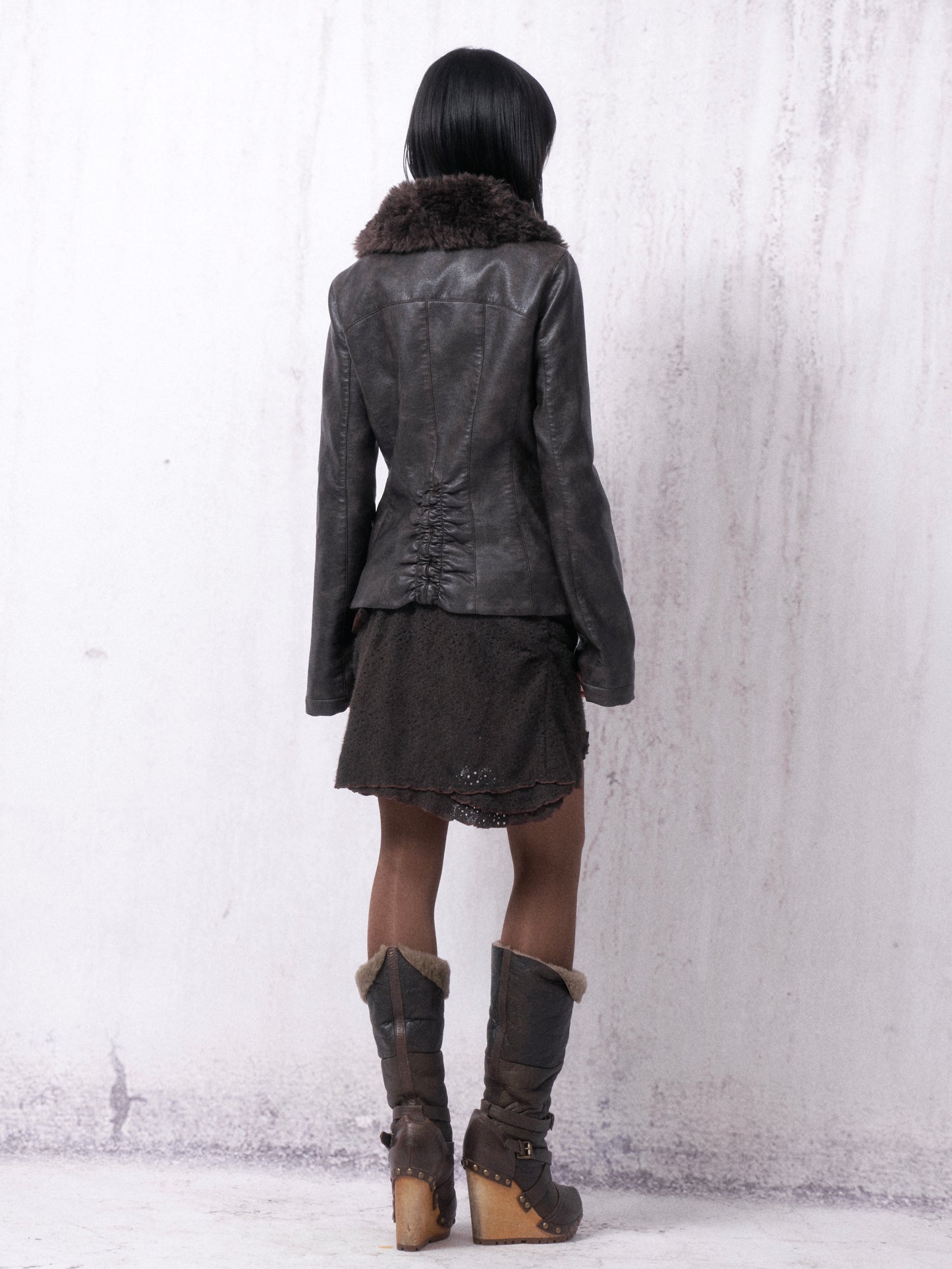 Gathered Leather Jacket with Fur Collar