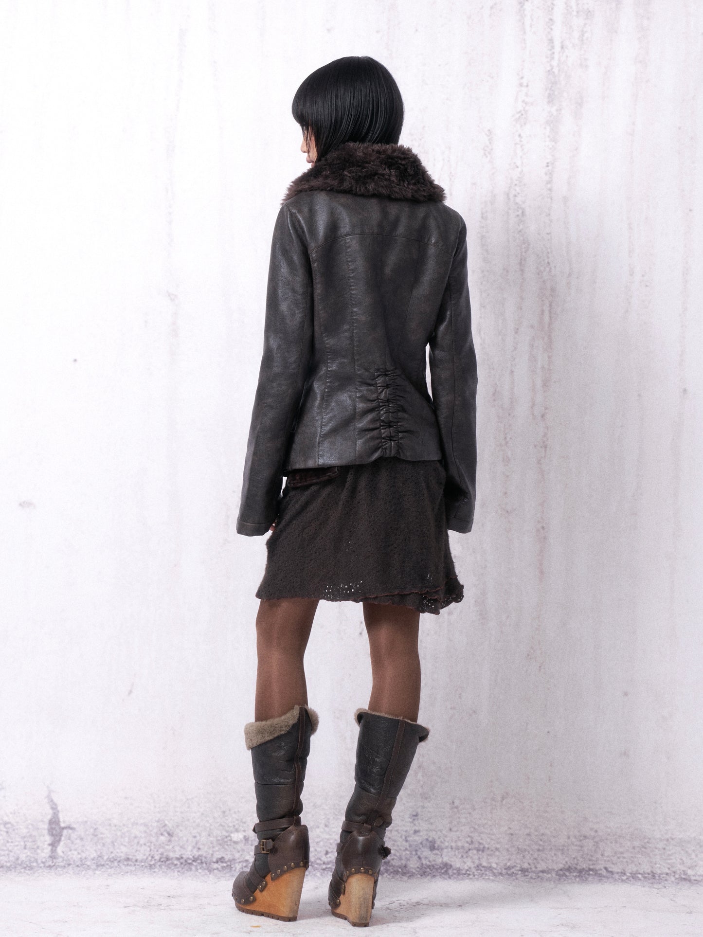 Gathered Leather Jacket with Fur Collar