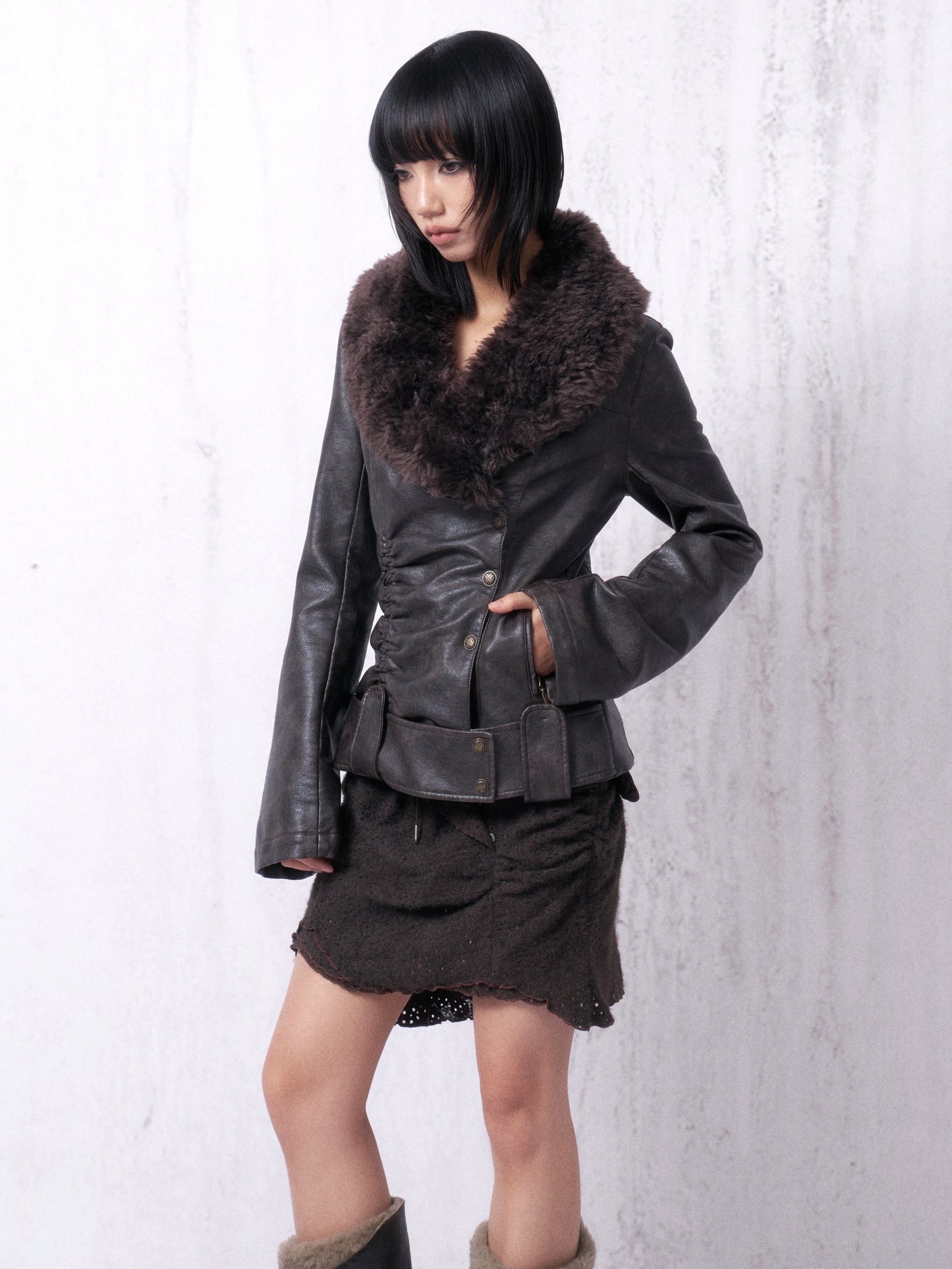 Gathered Leather Jacket with Fur Collar