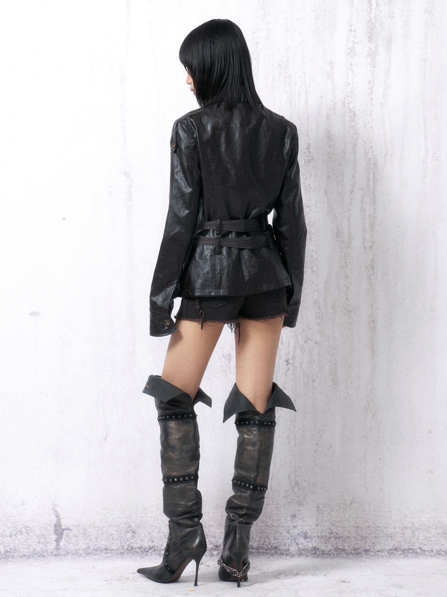 Zip-Paneled Double-Belt Leather Jacket