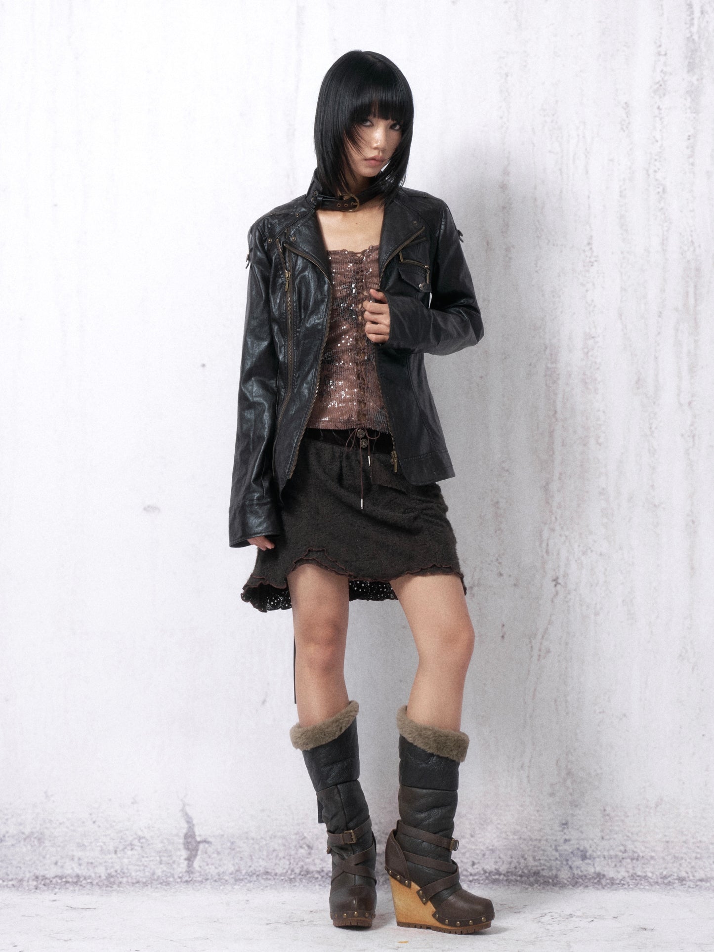 Zip-Paneled Double-Belt Leather Jacket