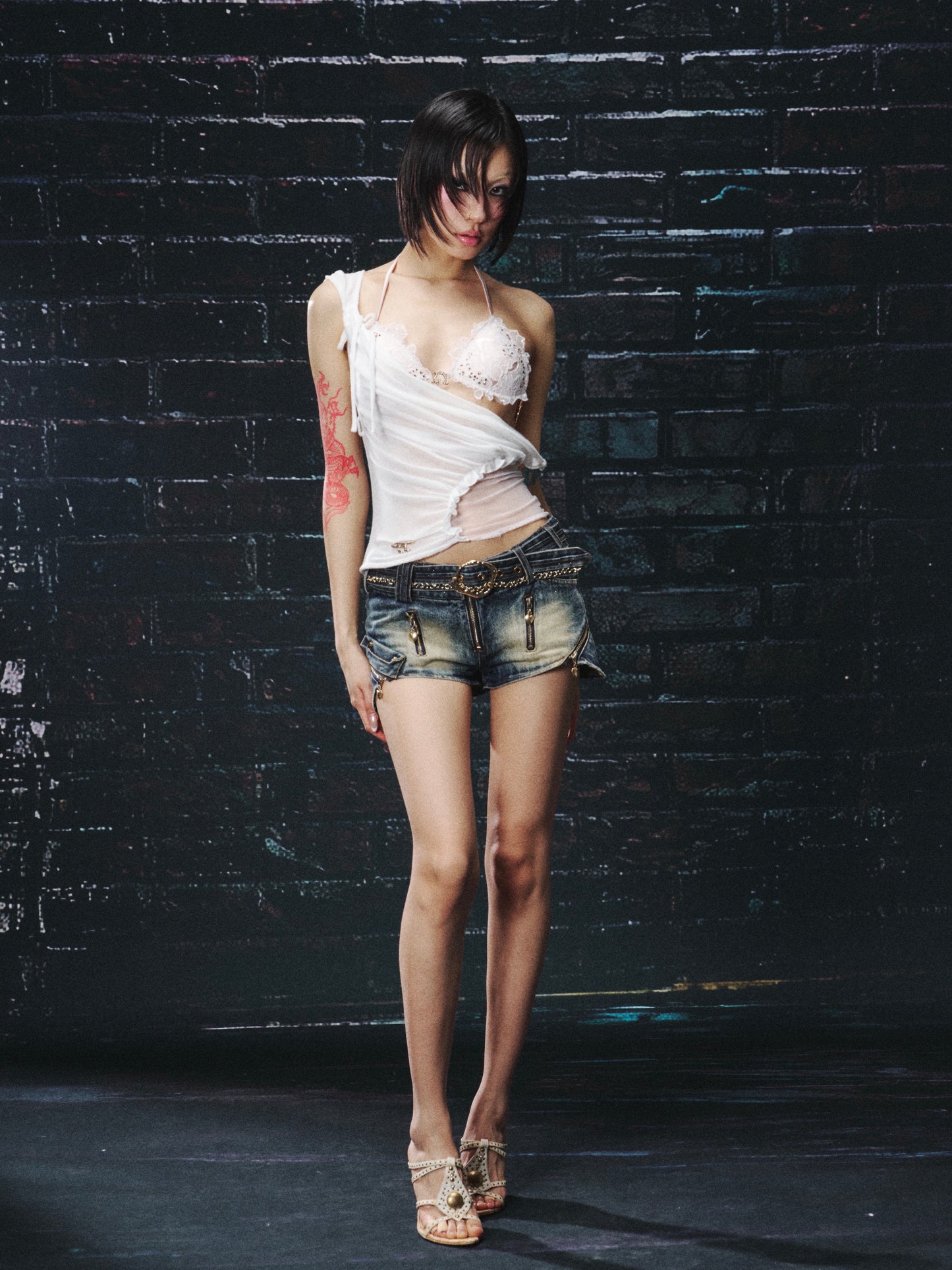 Beaded Lace Corset & Drape Cami Set with Rhinestone Halter
