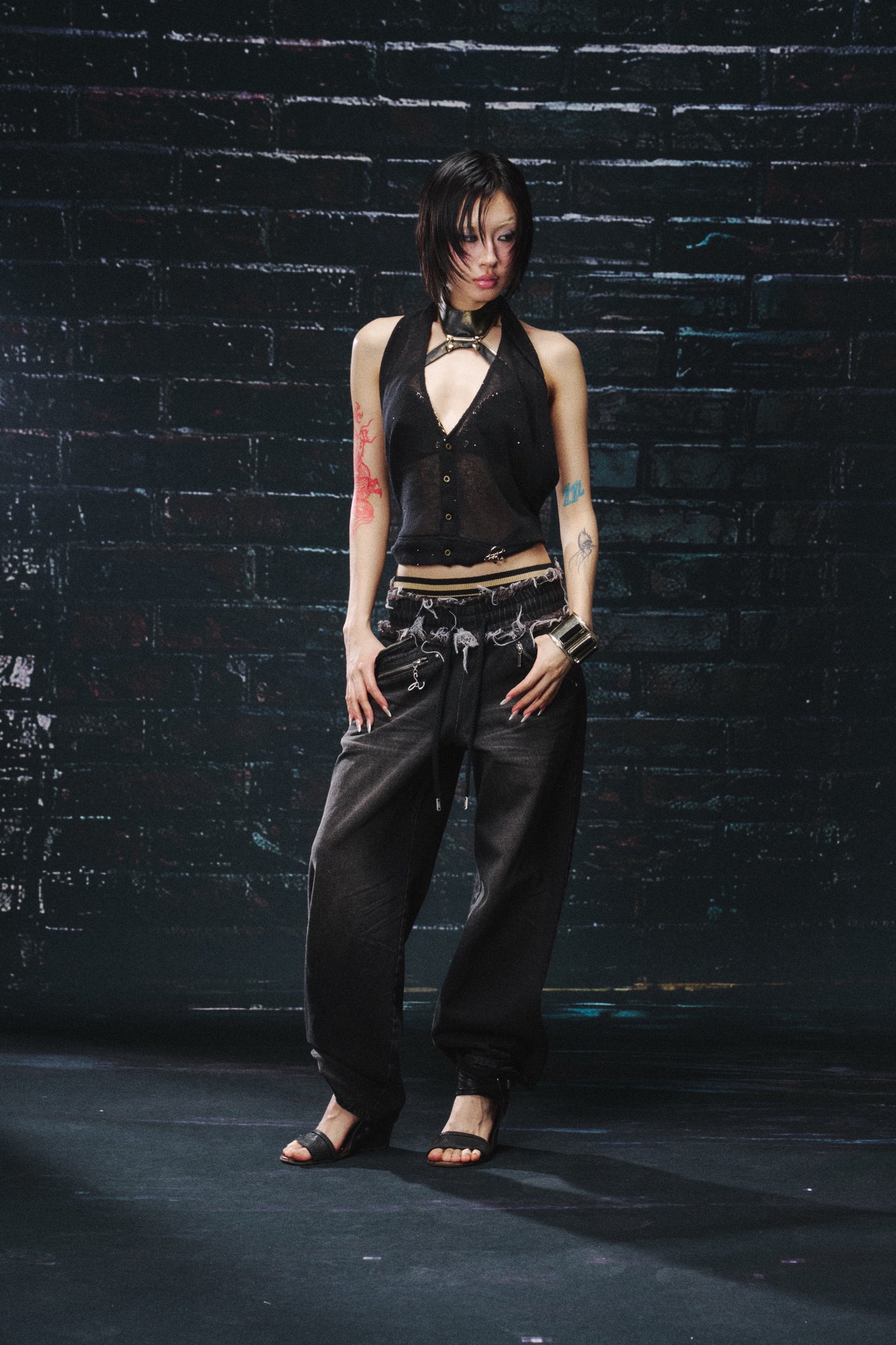 Dark Academia Lace & Mesh Two-Piece Set with Sculpting Halter Top